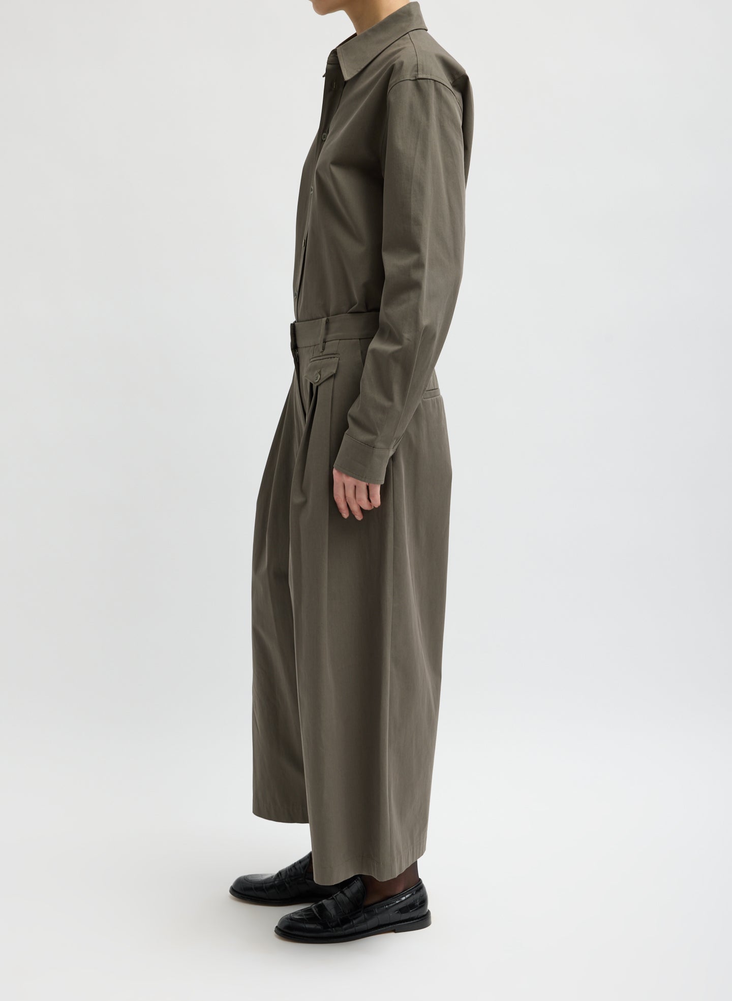 Dark Stone Grey Bio Twill Triple Pleat Cropped Pant - wide leg, pleated, cropped pant side view on model