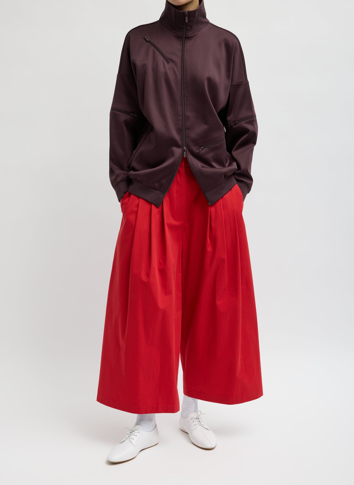 Red Bio Twill Triple Pleat Cropped Pant - front view on model