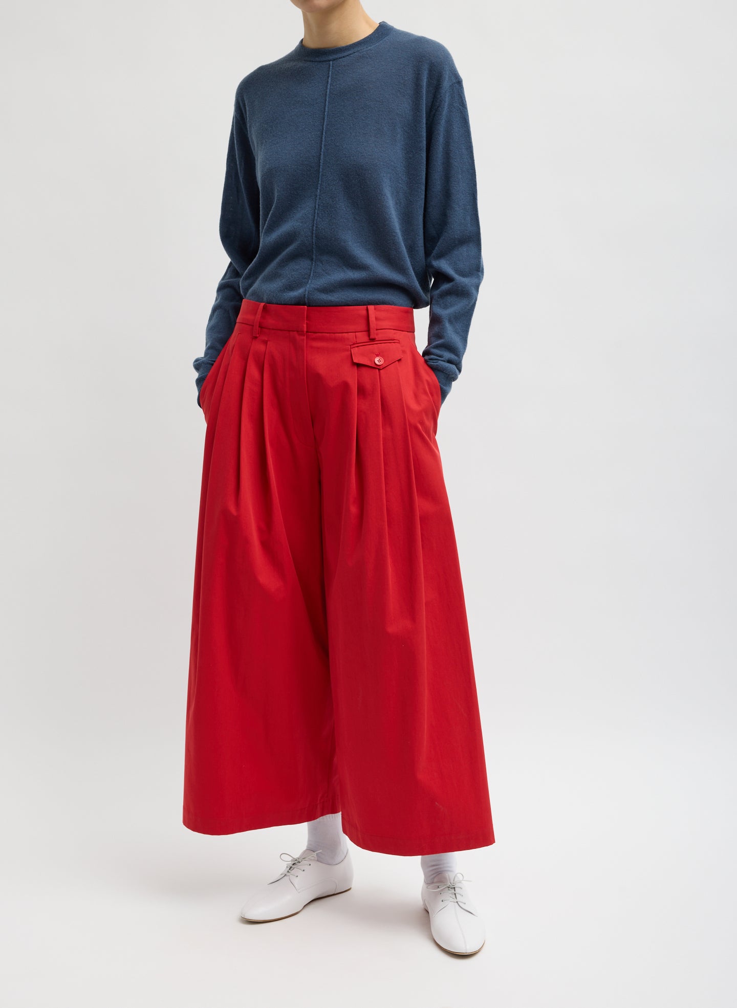 Red Bio Twill Triple Pleat Cropped Pant - wide leg, pleated, cropped pant front view on model