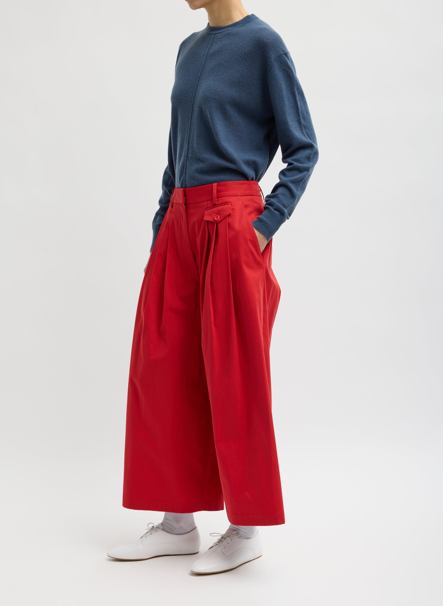 Red Bio Twill Triple Pleat Cropped Pant - wide leg, pleated, cropped pant side view on model