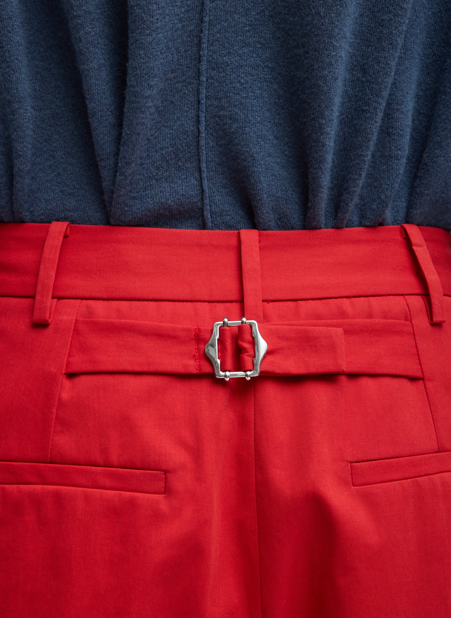 Red Bio Twill Triple Pleat Cropped Pant - closeup of back belt detail
