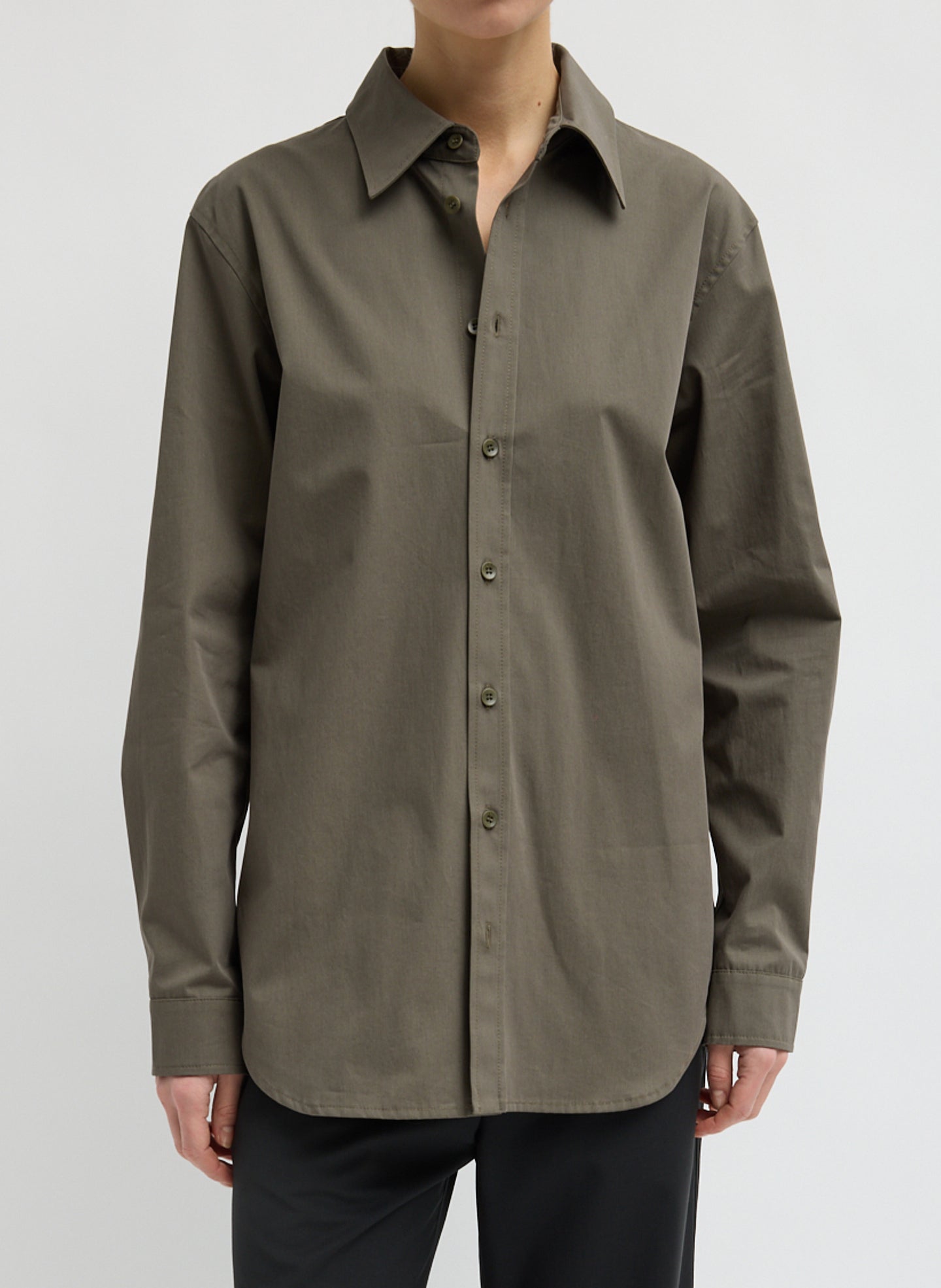Dark Stone Grey Bio Twill Easy Shirt - long sleeve button down top, front view on model