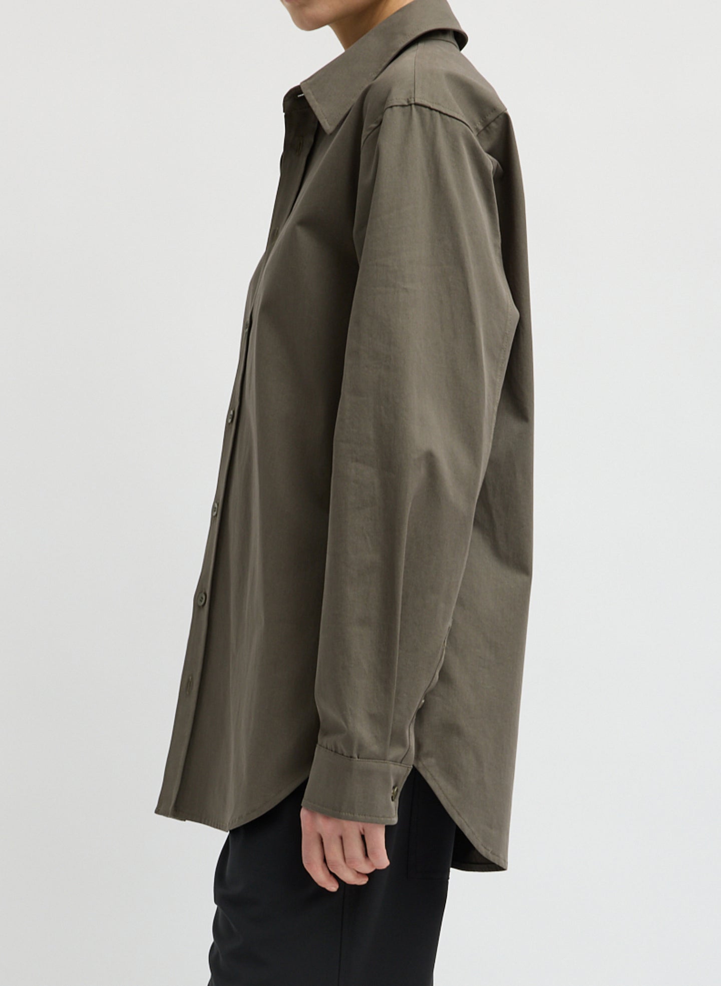 Dark Stone Grey Bio Twill Easy Shirt - long sleeve button down top, side view on model
