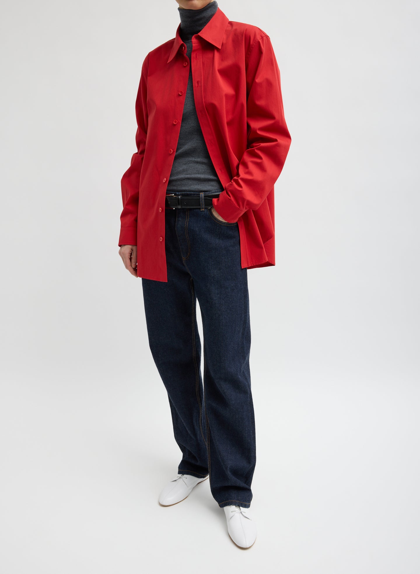 Red Bio Twill Easy Shirt - full look, front view on model