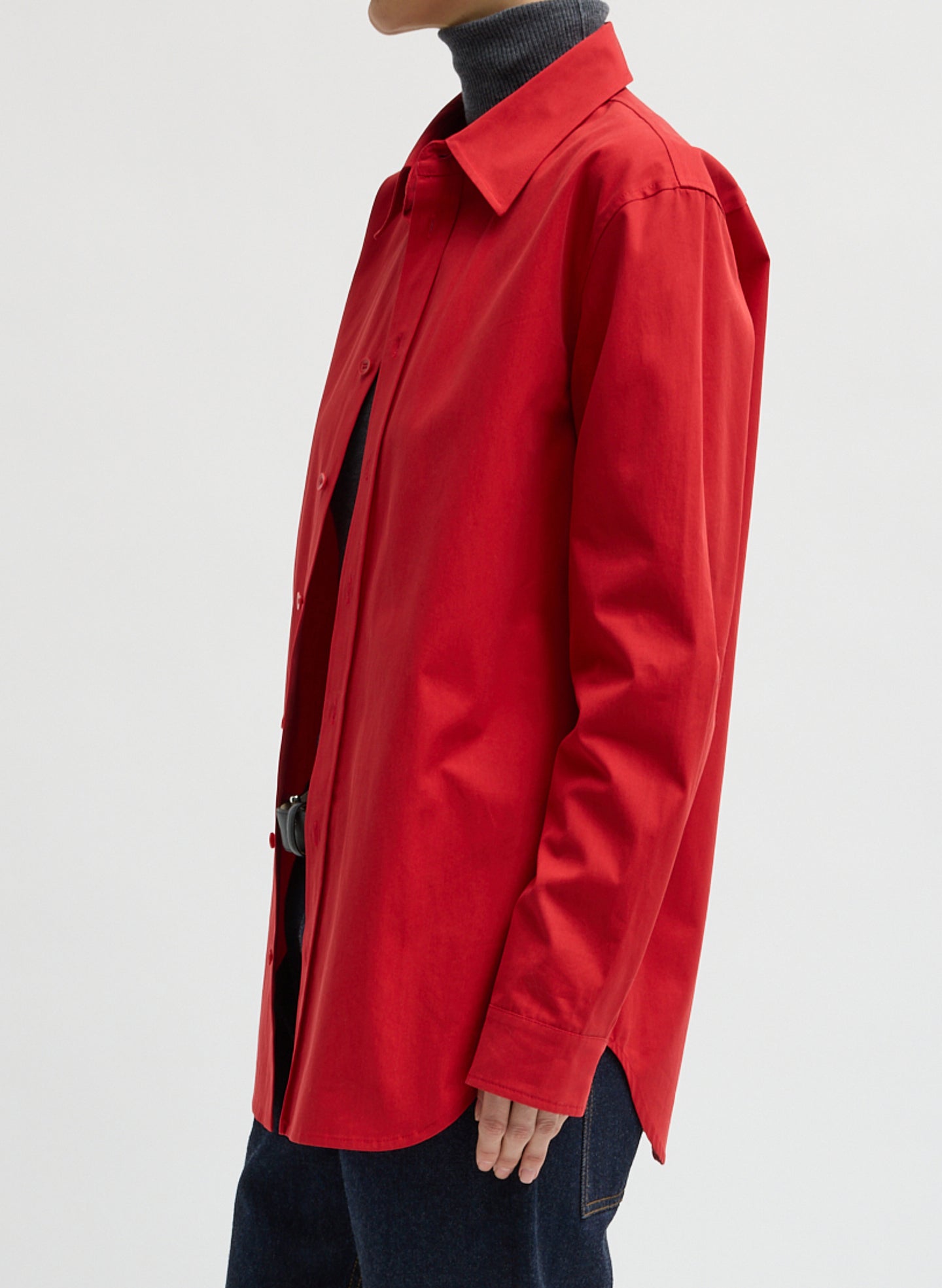 Red Bio Twill Easy Shirt - long sleeve button down top, side view on model