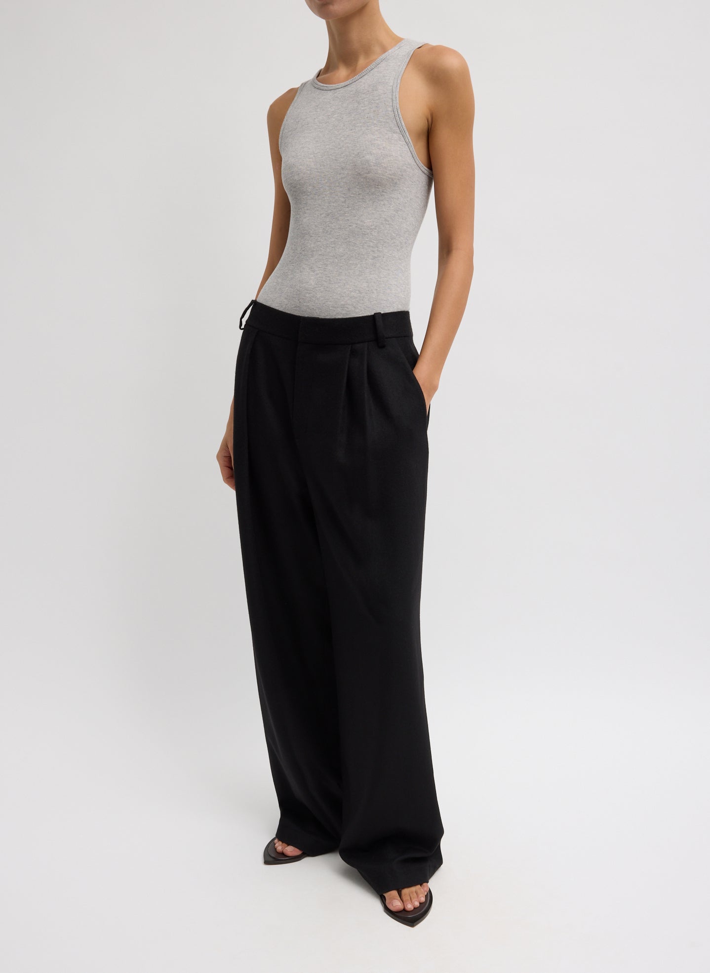 Cashmere Suiting Stella Pant - Black Cashmere Suiting Stella Pant - pleated trouser, front view on model