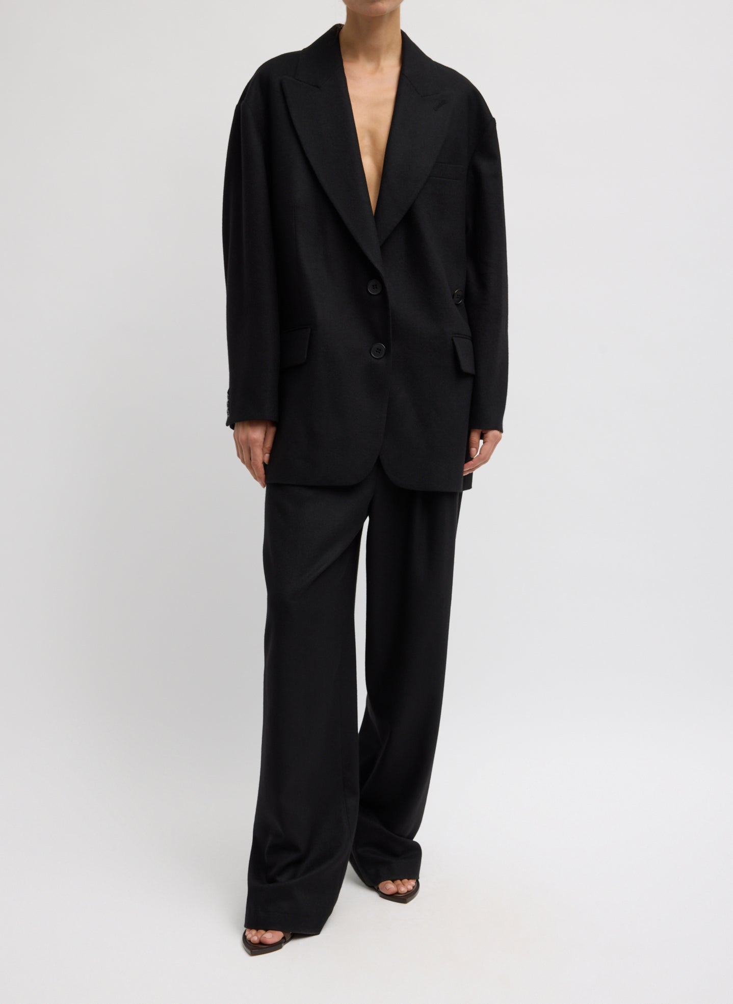 Black Cashmere Suiting Liam Blazer - oversized double-breasted blazer, front view on model