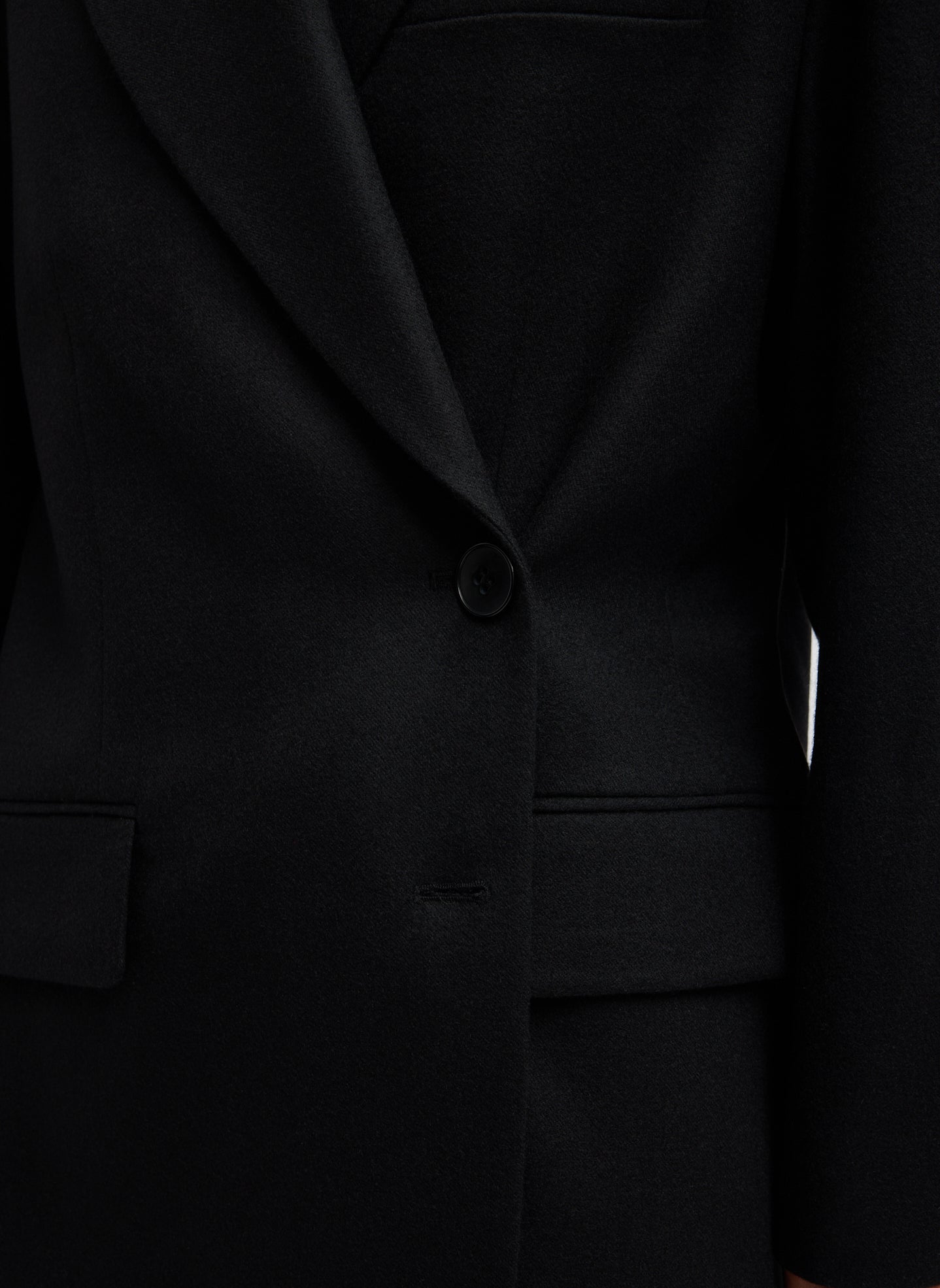 Black Cashmere Suiting Liam Blazer - closeup of button detail at front