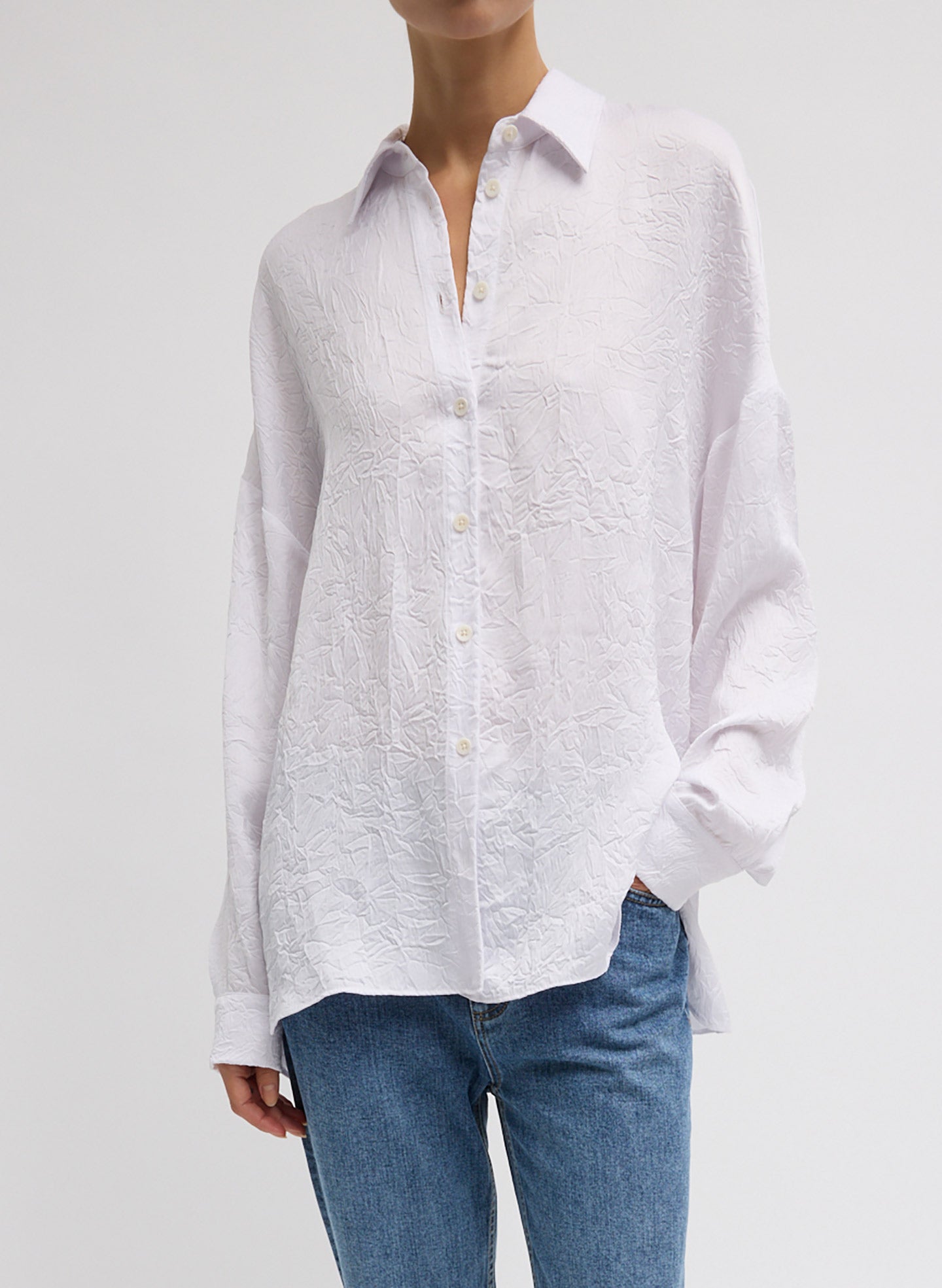 Crinkle Shirting Oversized Shirt - White Oversized Crinkled Button Down - button down shirt, front view on model