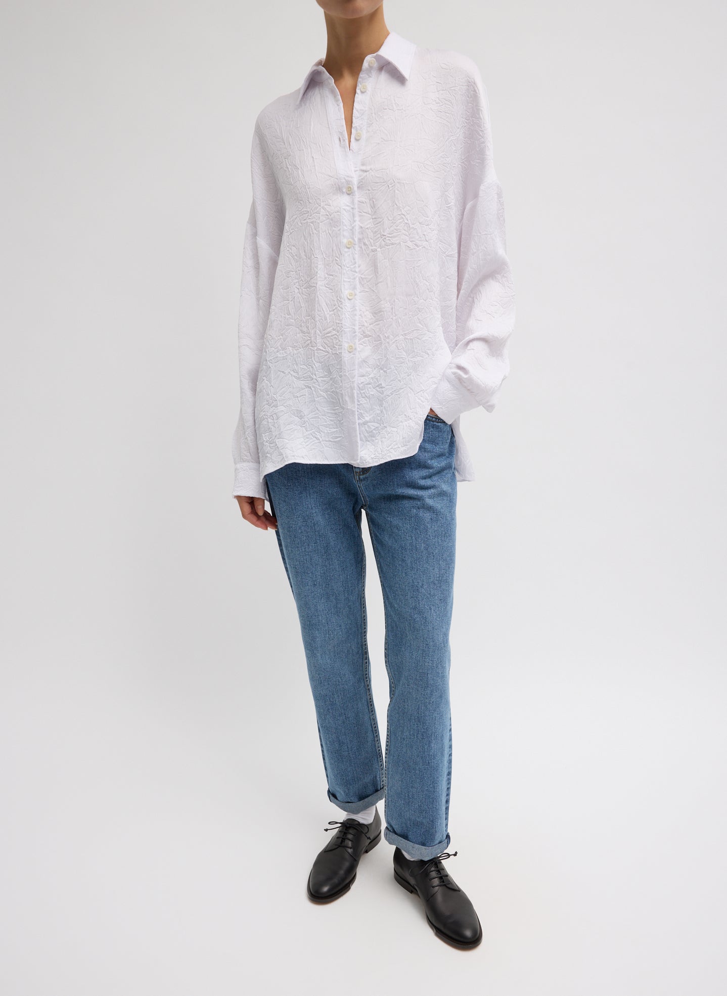 White Oversized Crinkled Button Down - button down shirt, front view on model