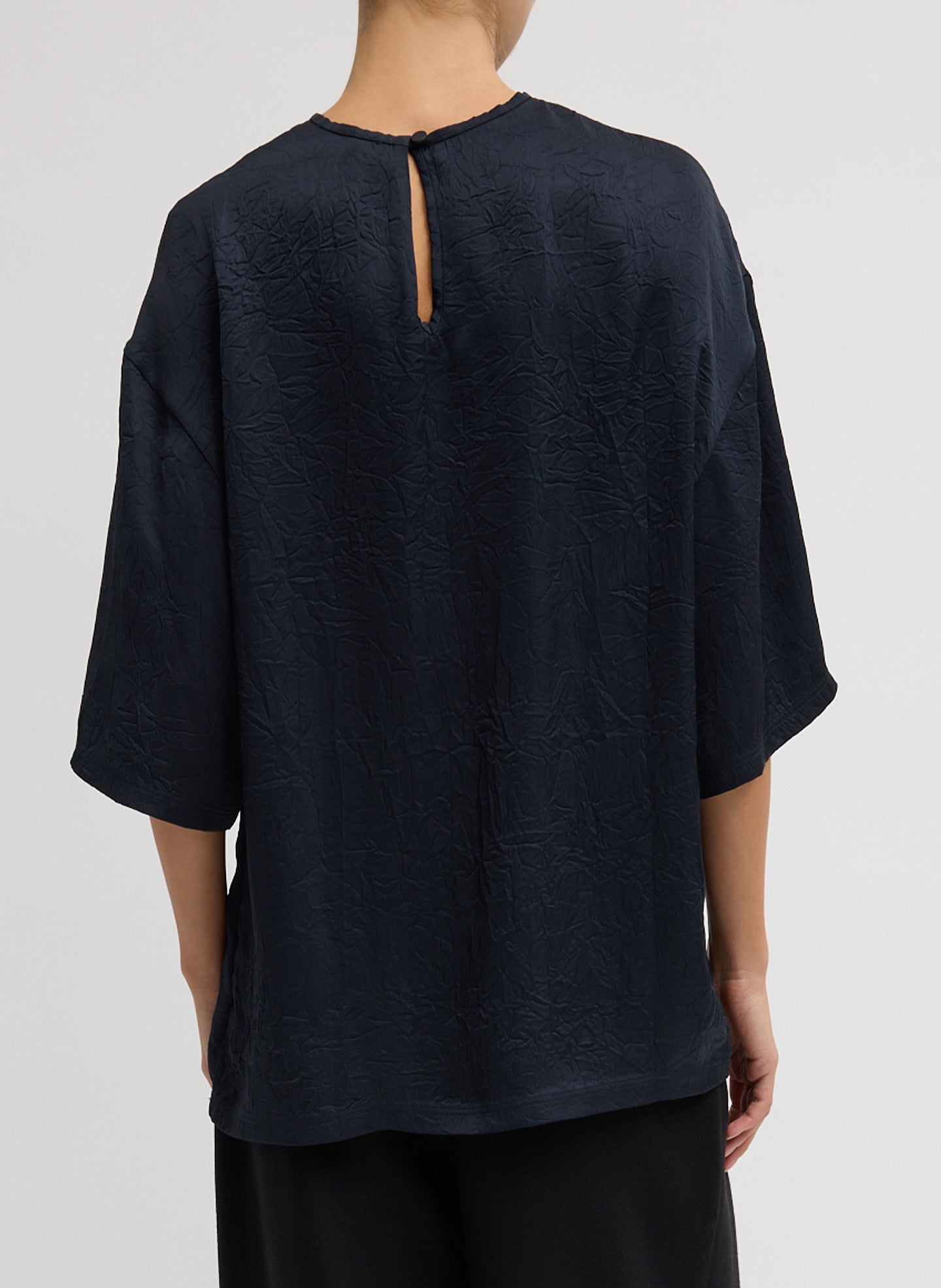 Midnight Navy Crinkle Shirting Easy T-Shirt - oversized silk t-shirt, back view on model