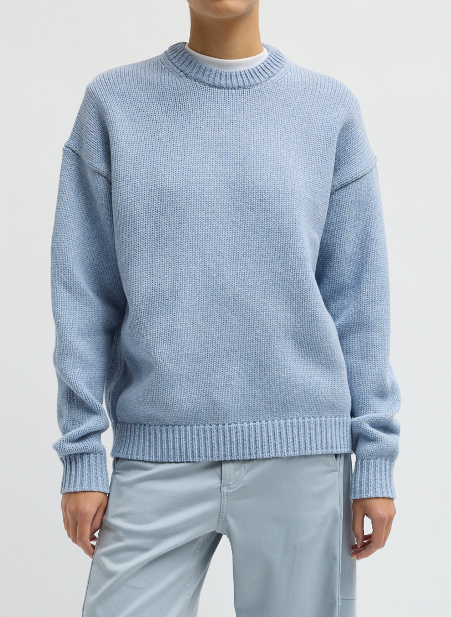 Cotton Wool Crewneck Easy Pullover - Light Blue Cotton Wool Crewneck Pullover - thick knit sweater, front view on model