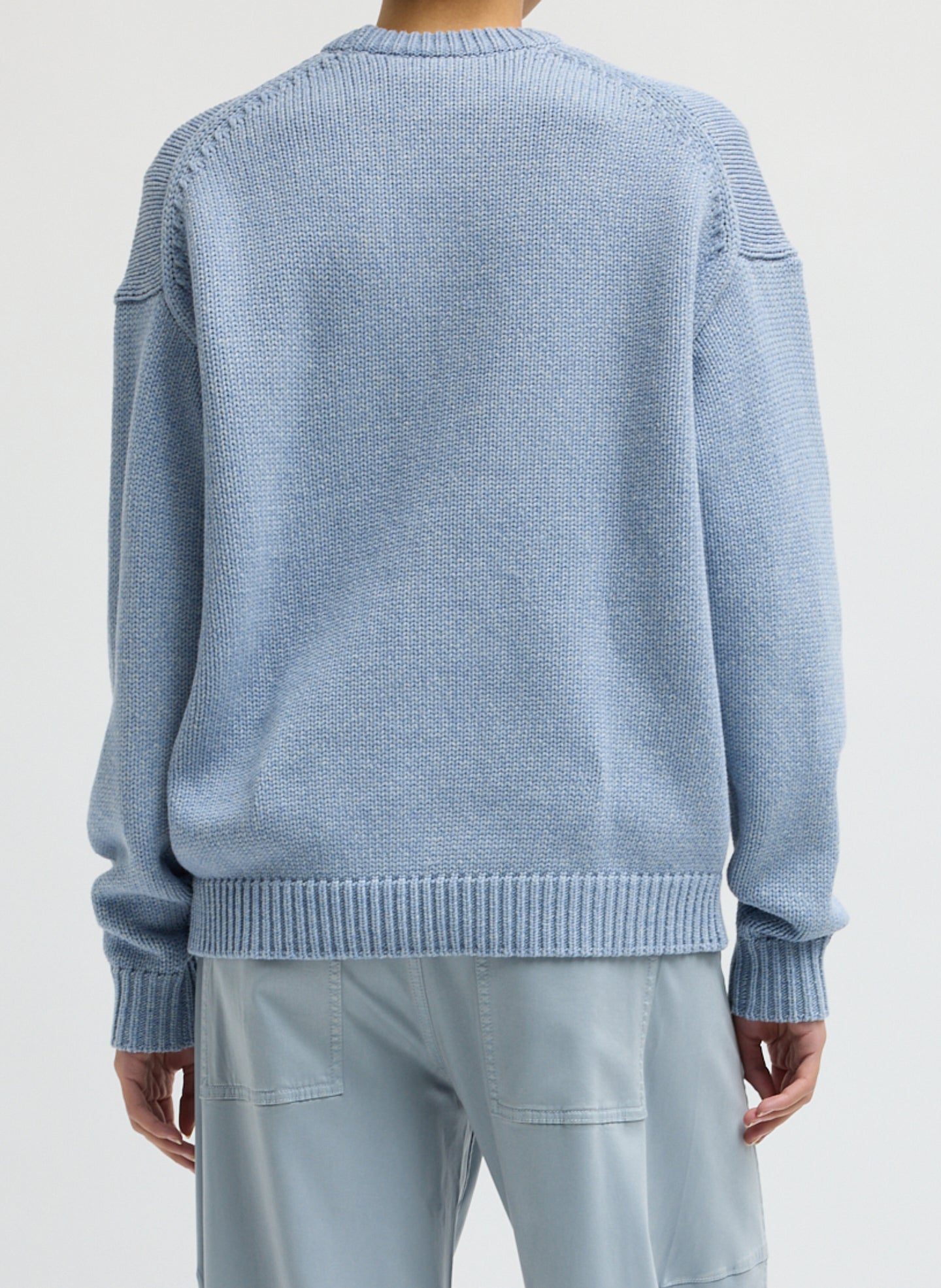 Light Blue Cotton Wool Crewneck Pullover - thick knit sweater, back view on model