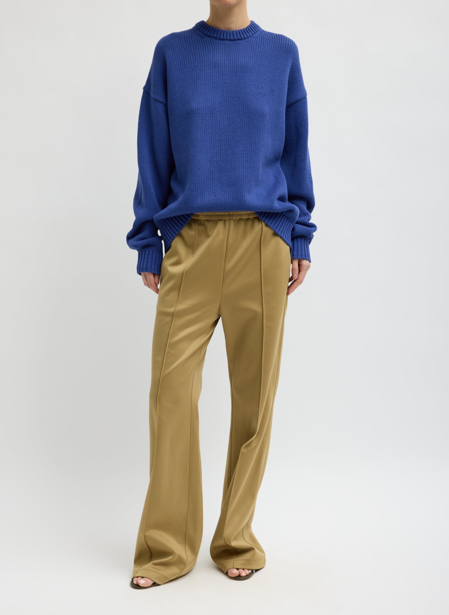 Blue Cotton Wool Crewneck Pullover - full look, front view on model