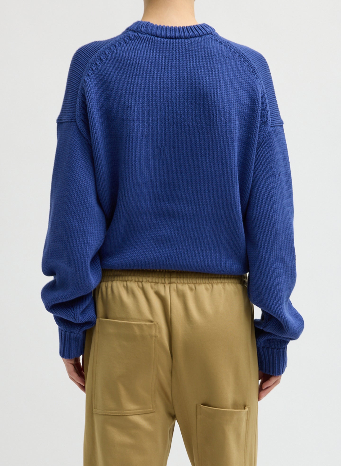 Blue Cotton Wool Crewneck Pullover - thick knit sweater, back view on model