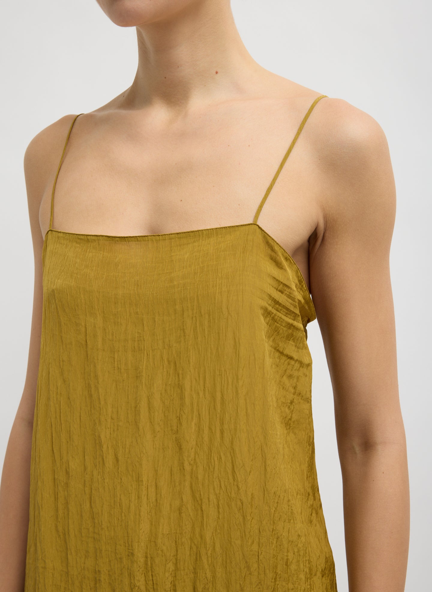Mustard Yelllow Crinkle Slip Dress - closeup of neckline