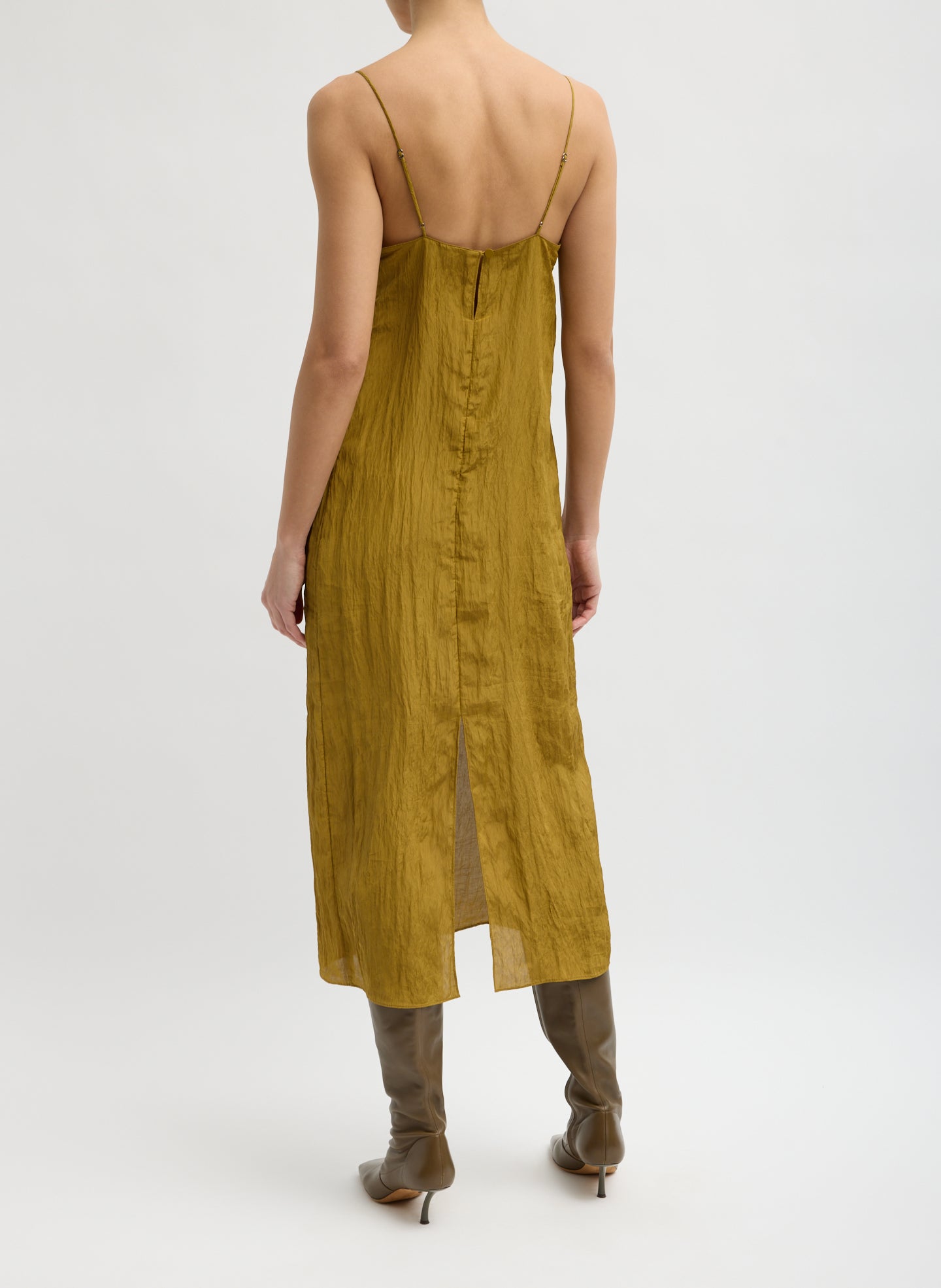 Mustard Yelllow Crinkle Slip Dress - sleeveless midi dress, back view on model