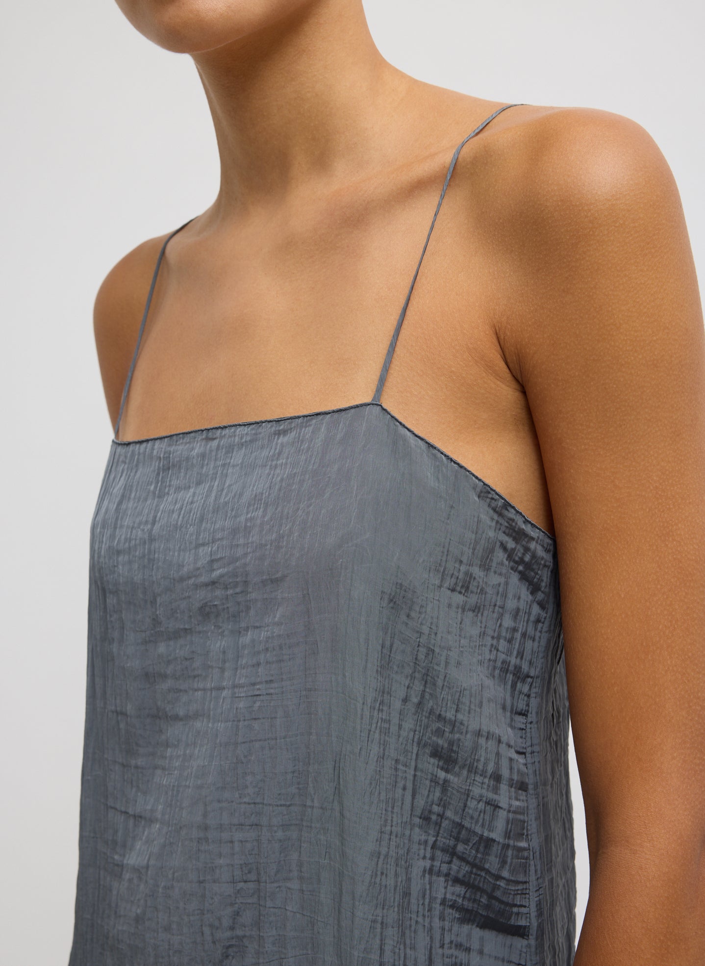 Dark Grey Crinkle Slip Dress - closeup of strap detail and neckline