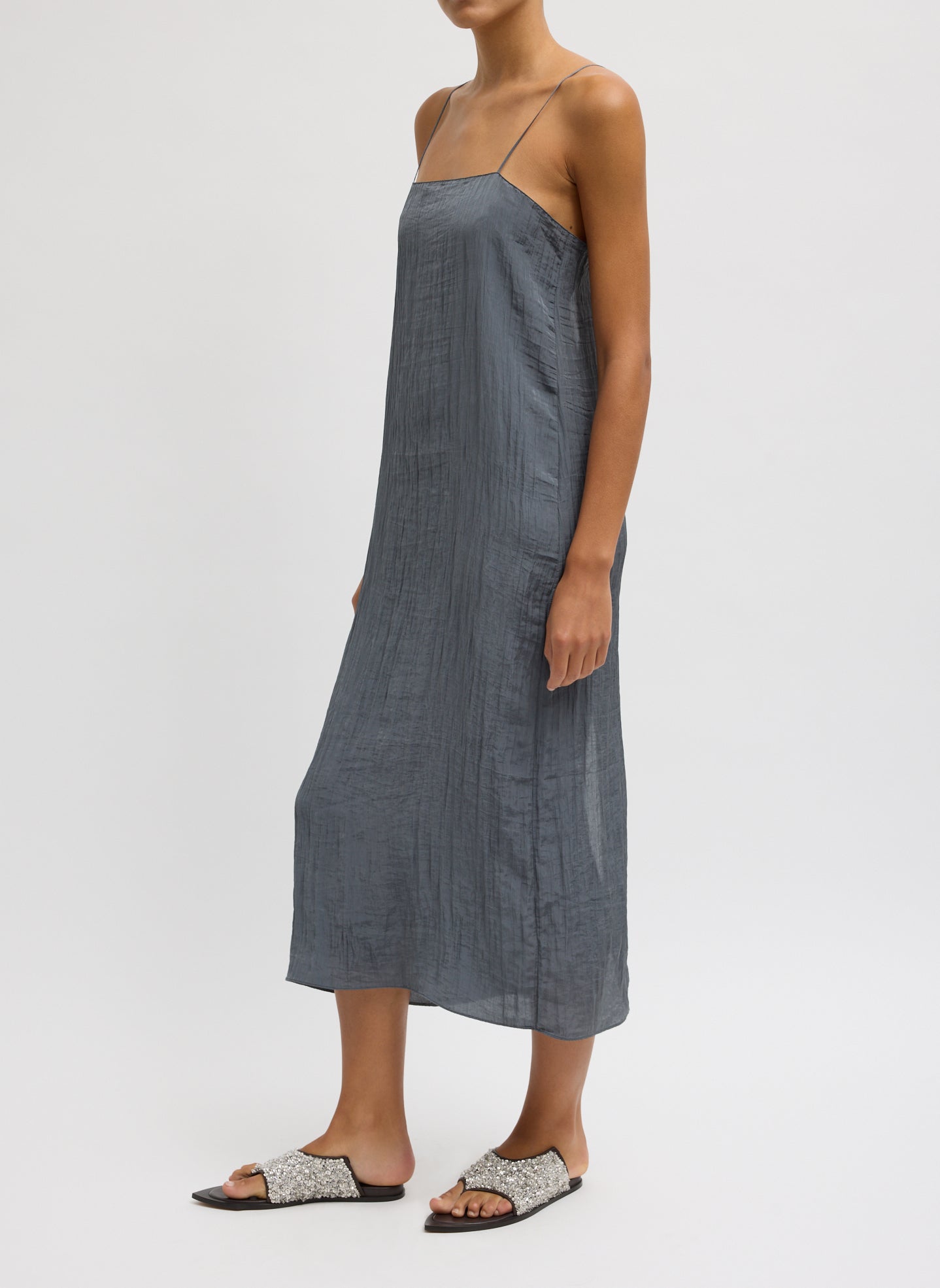 Dark Grey Crinkle Slip Dress - silk midi dress, side view on model