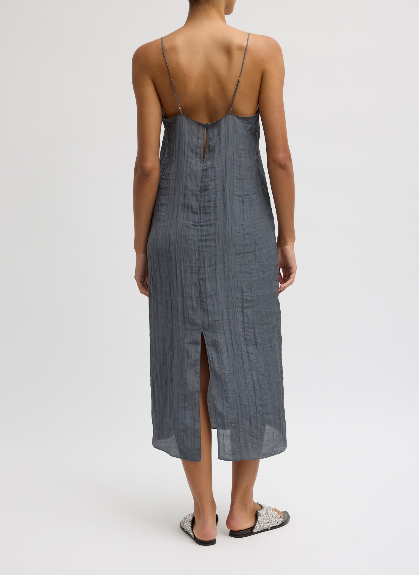 Dark Grey Crinkle Slip Dress - silk midi dress, back view on model