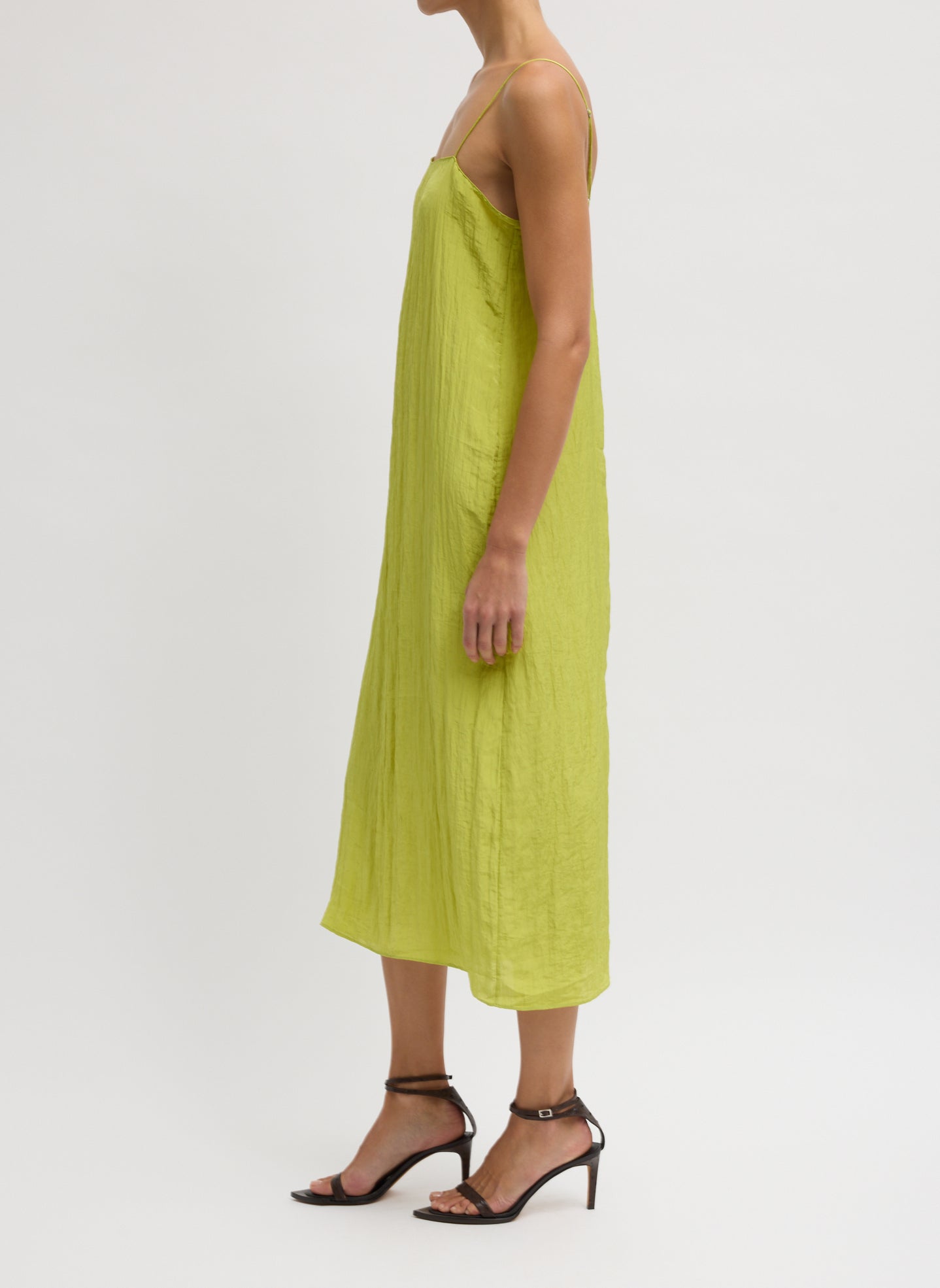 Chartreuse Green Crinkle Slip Dress - silk midi dress, side view on model