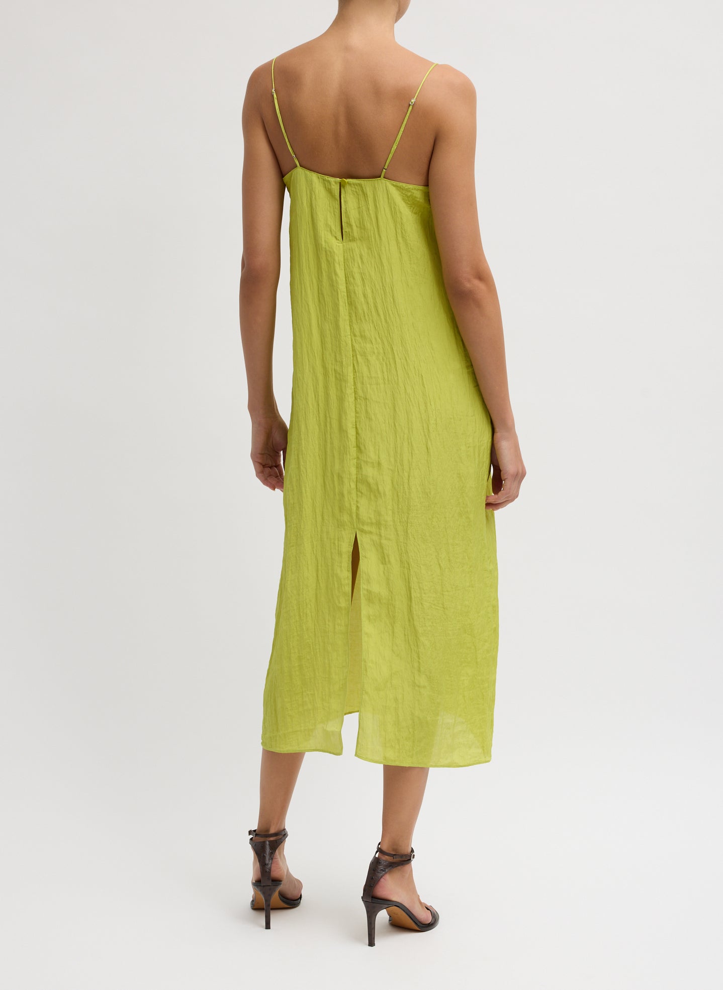 Chartreuse Green Crinkle Slip Dress - silk midi dress, back view on model