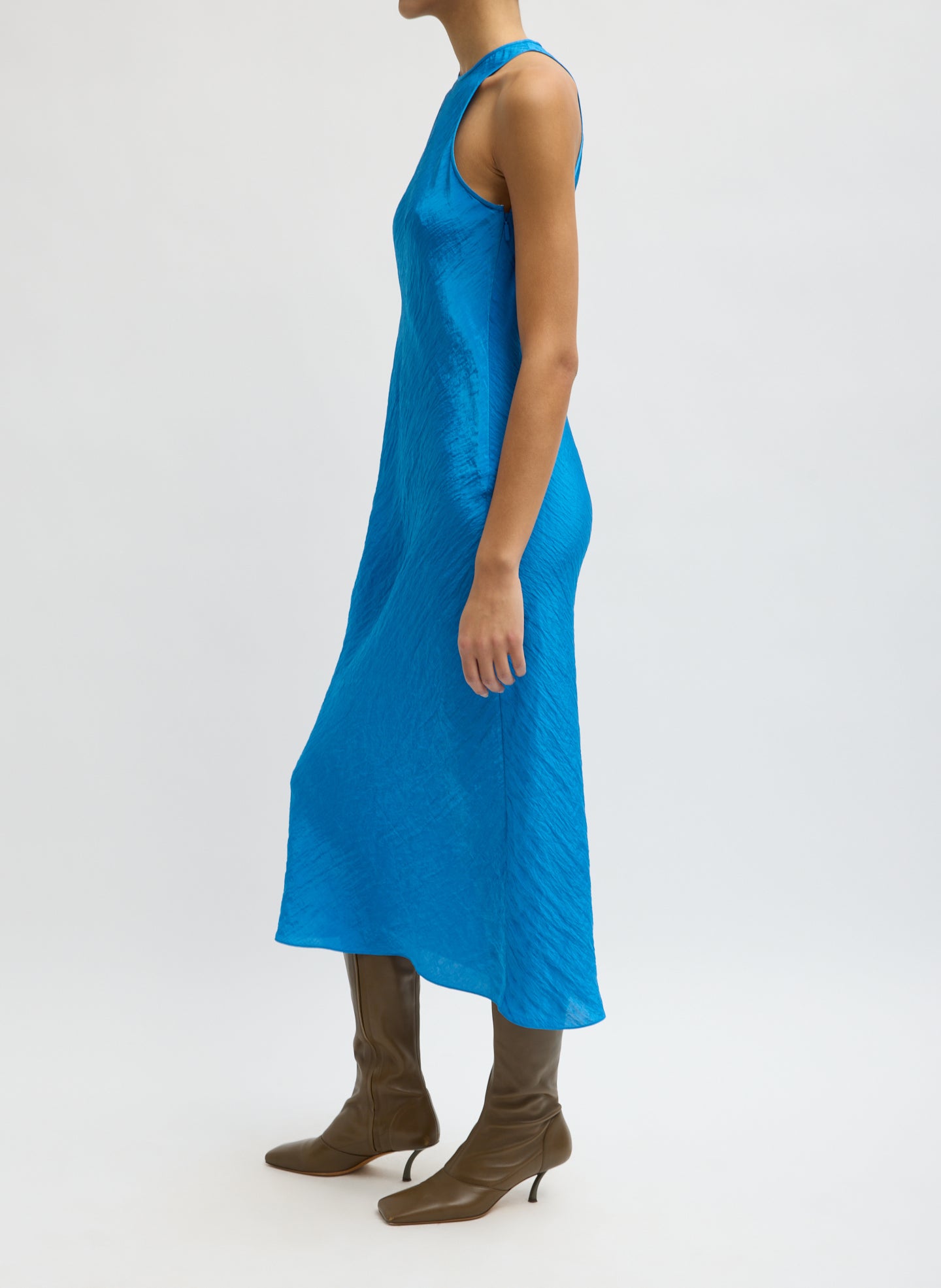 Bright Blue Crinkle Slip Midi Bias Dress - sleeveless dress, side view on model