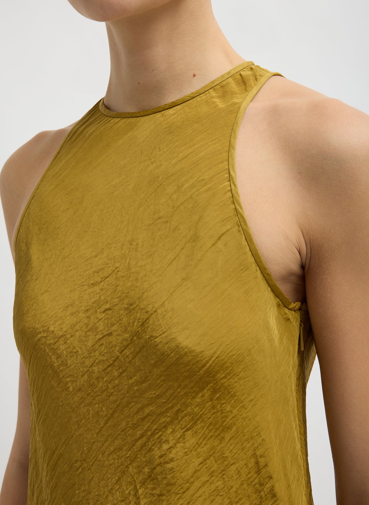 Mustard Yellow Crinkle Slip Midi Bias Dress - closeup of neckline