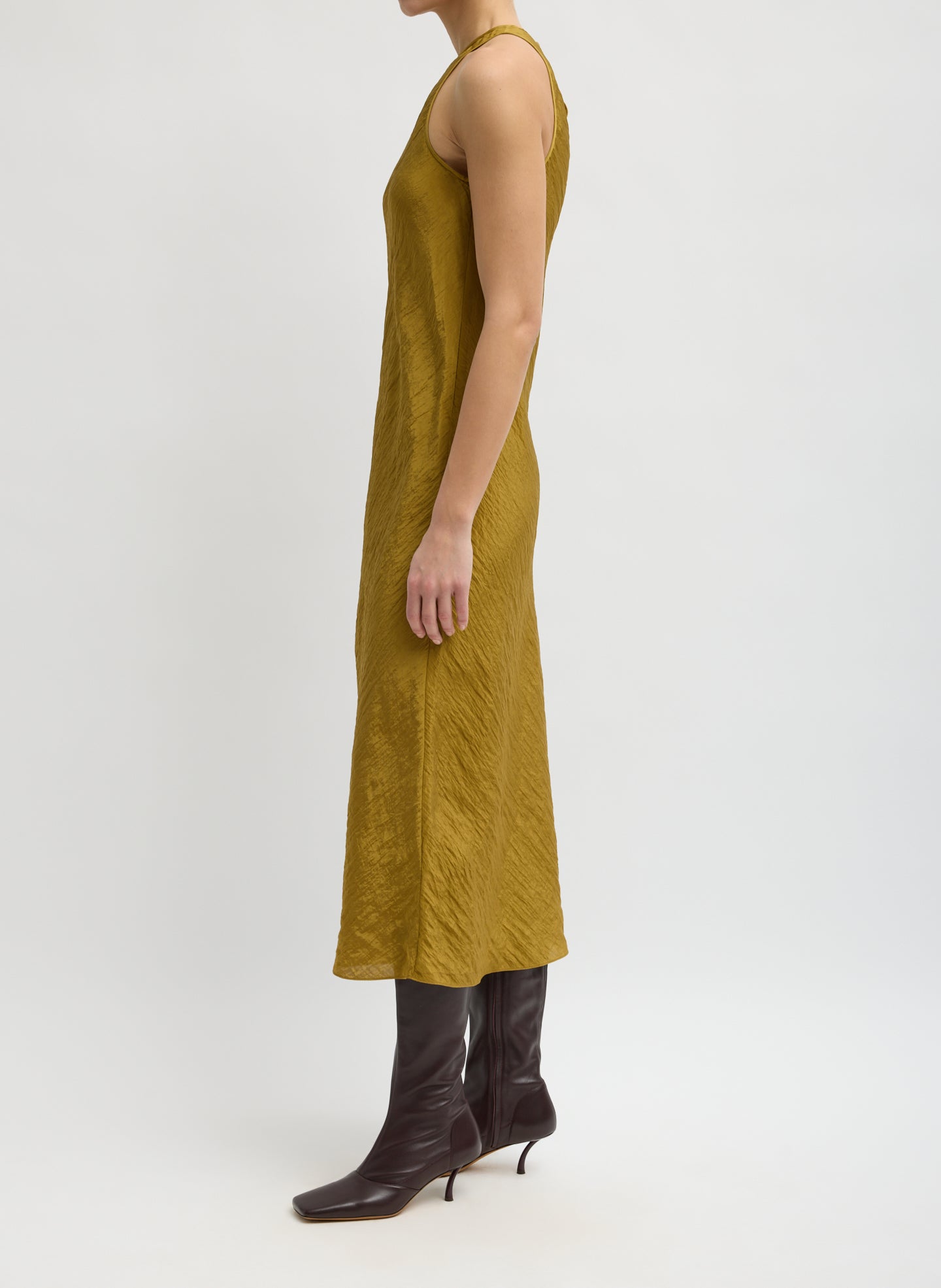 Mustard Yellow Crinkle Slip Midi Bias Dress - sleeveless dress, side 
view on model
