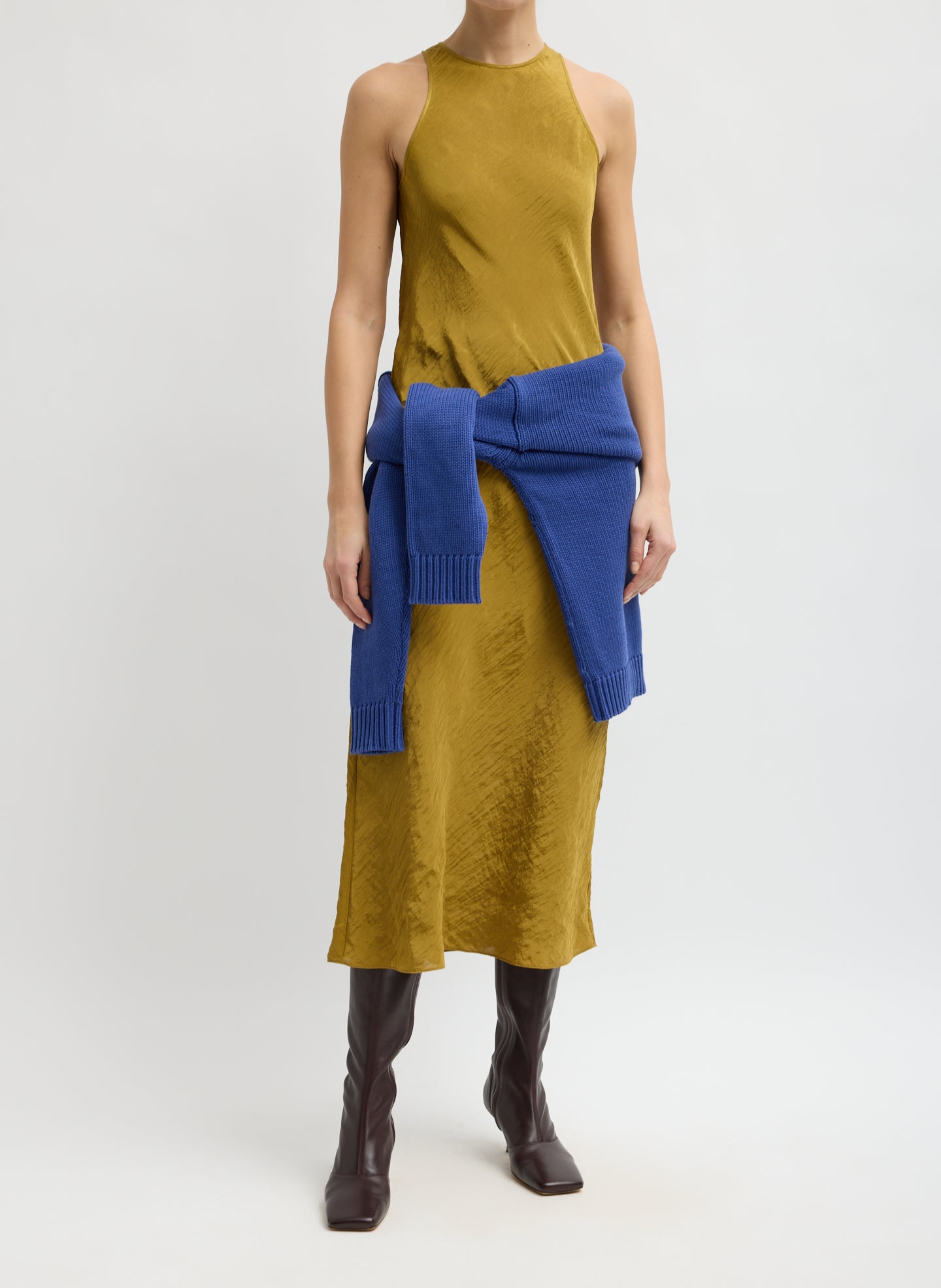 Mustard Yellow Crinkle Slip Midi Bias Dress - full look, front view on model
