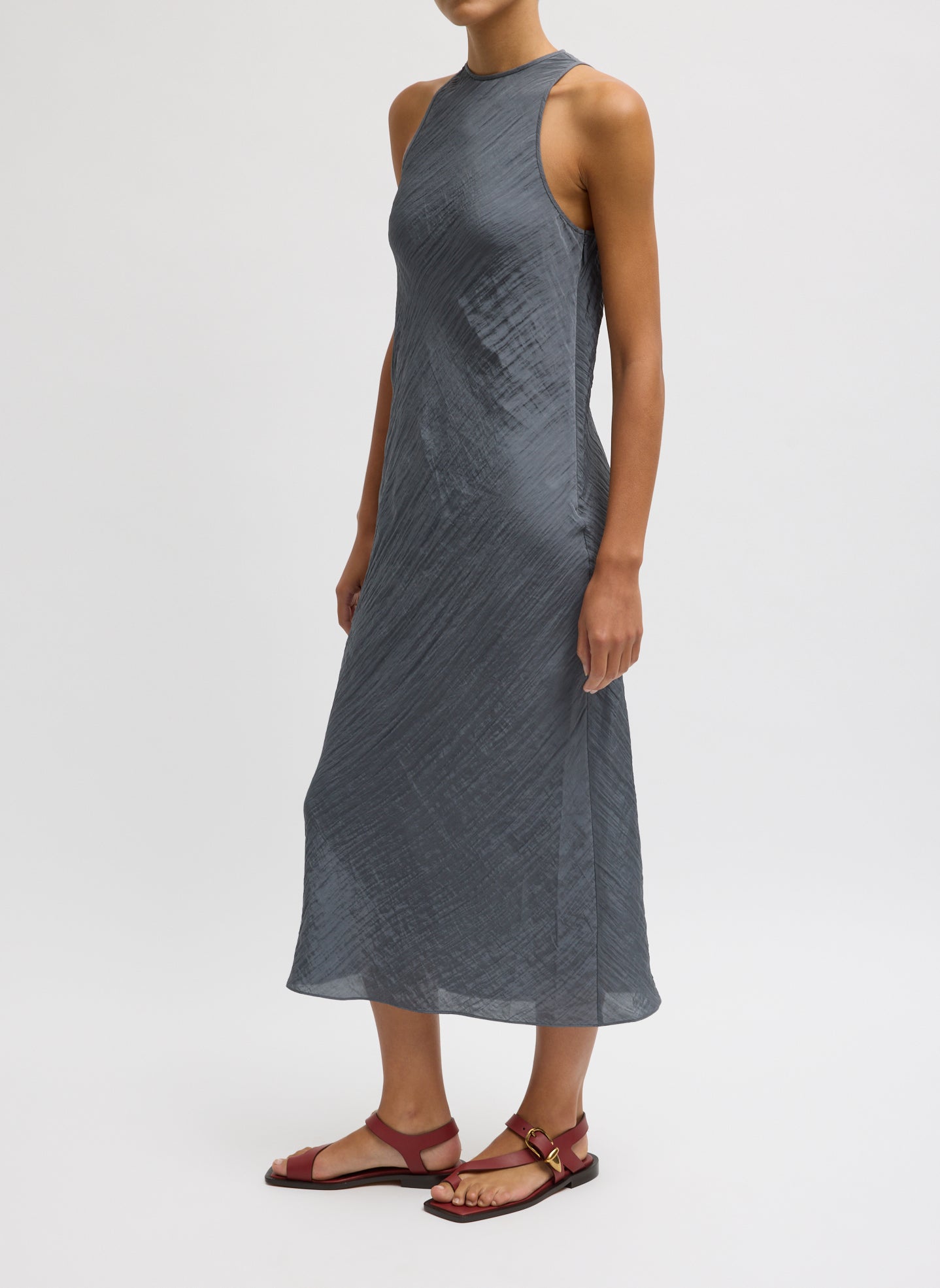 Dark Grey Crinkle Slip Midi Bias Dress - side view on model