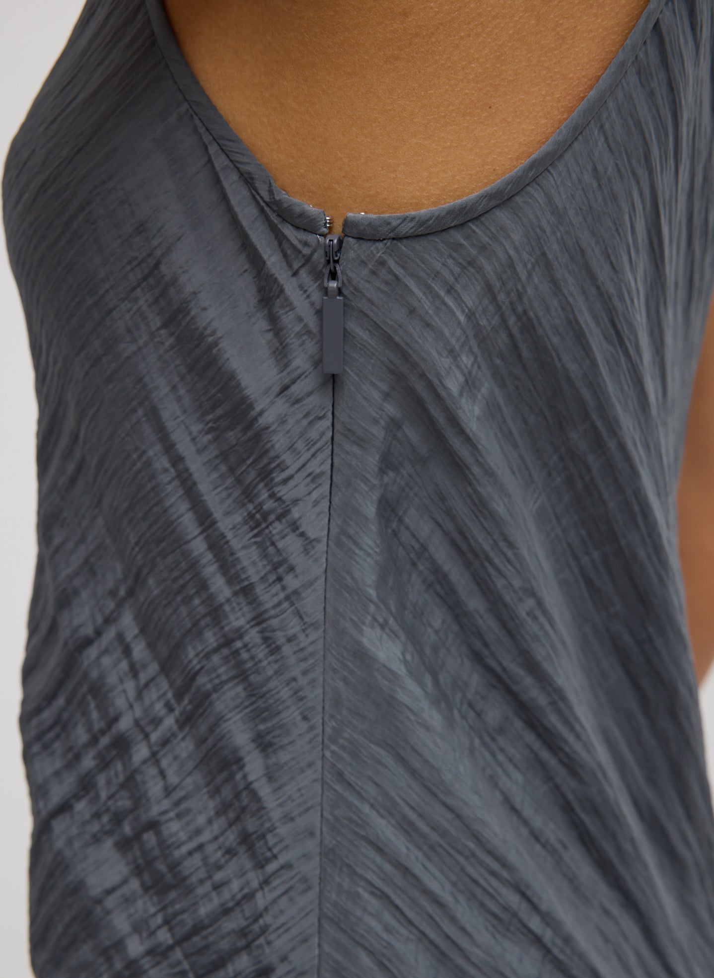 Dark Grey Crinkle Slip Midi Bias Dress - closeup of side zip detail