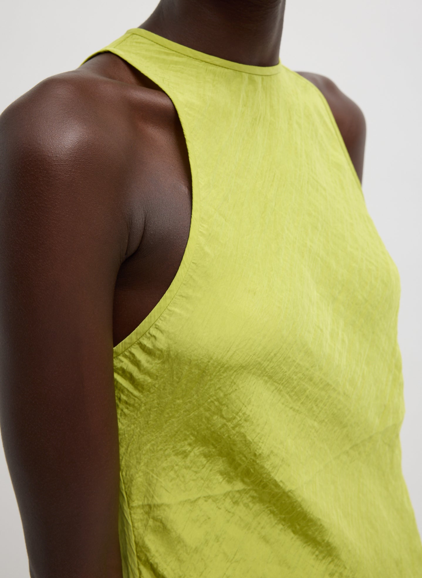 Chartreuse Green Crinkle Slip Midi Bias Dress - closeup of neckline