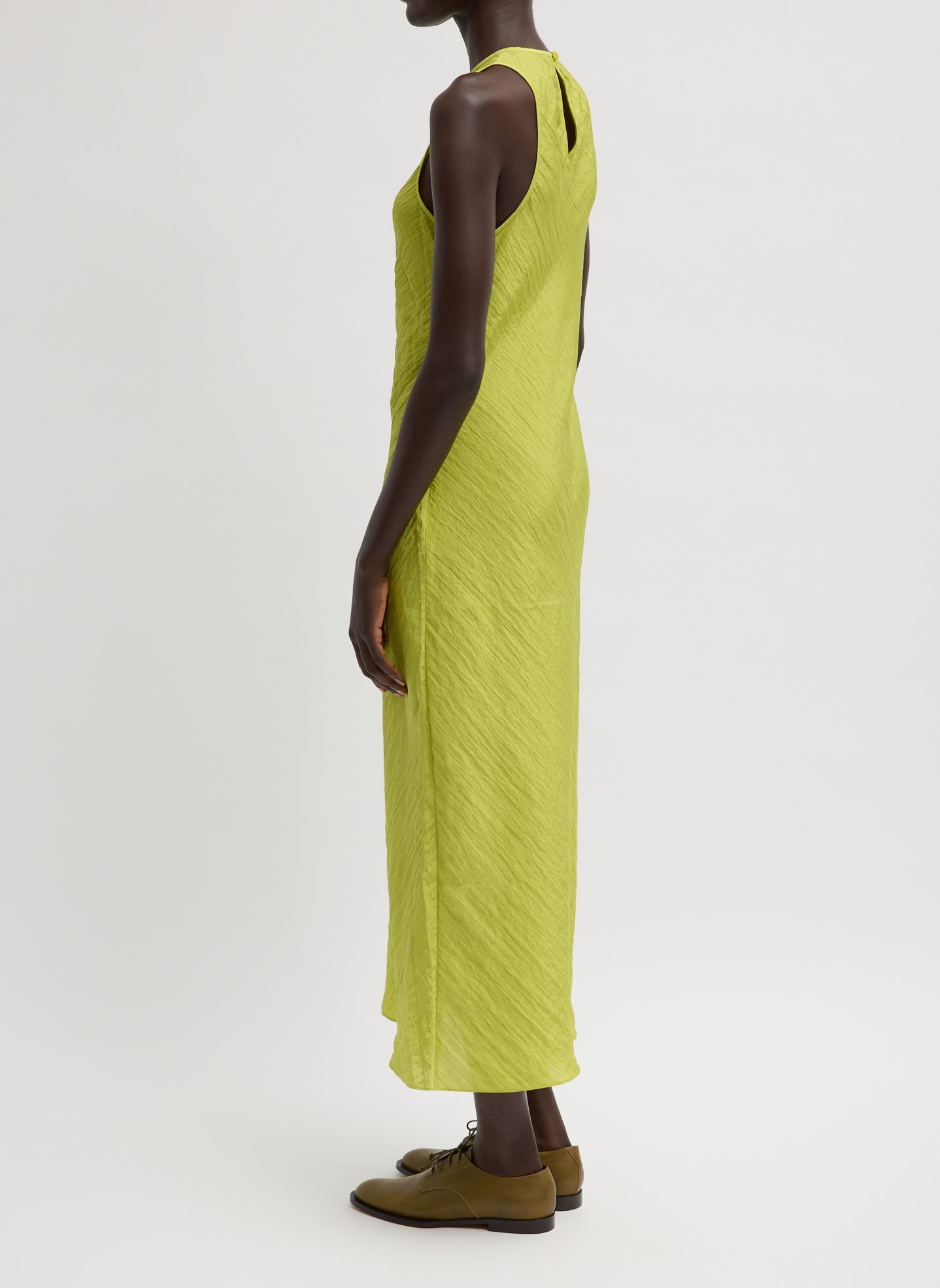 Chartreuse Green Crinkle Slip Midi Bias Dress - side view on model