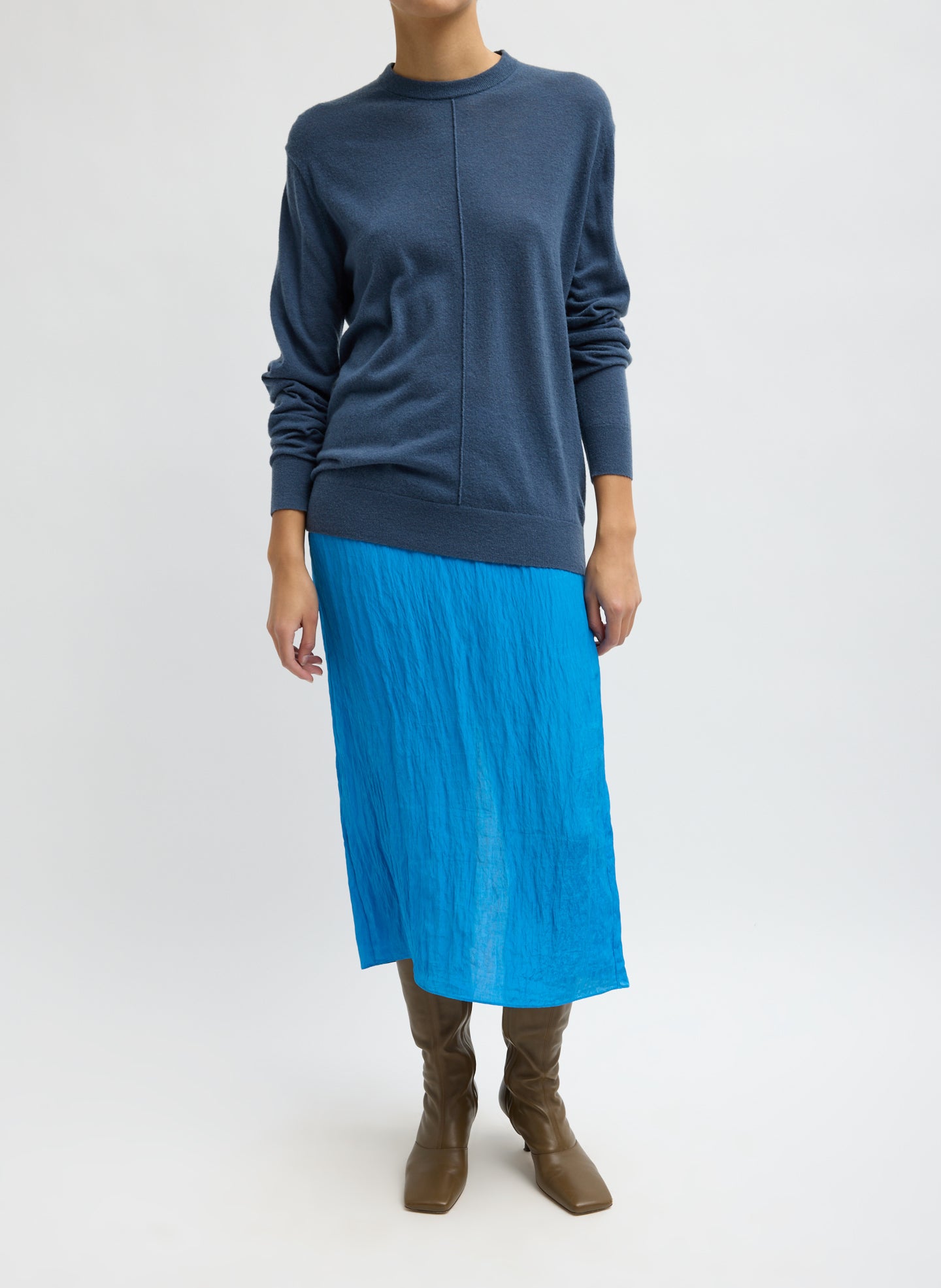 Blue Fog Skinlike Mercerized Wool Crewneck Pullover - full look, front view on model