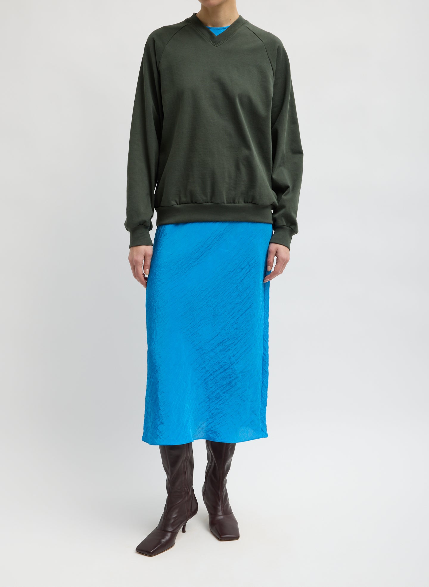 Bright Blue Crinkle Slip Midi Bias Dress - full look, front view on model