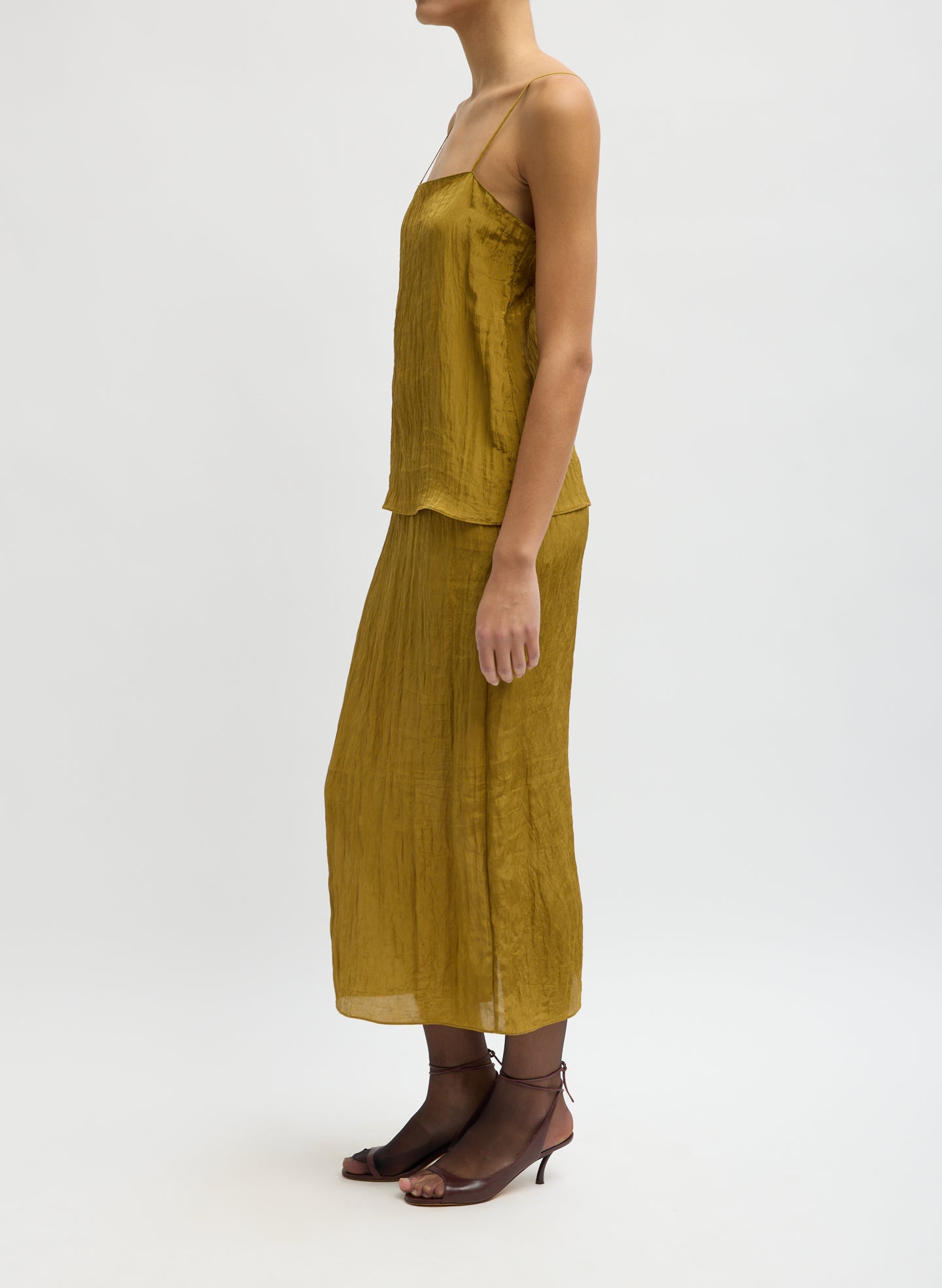 Mustard Crinkle Slip Skirt - midi skirt, side view on model