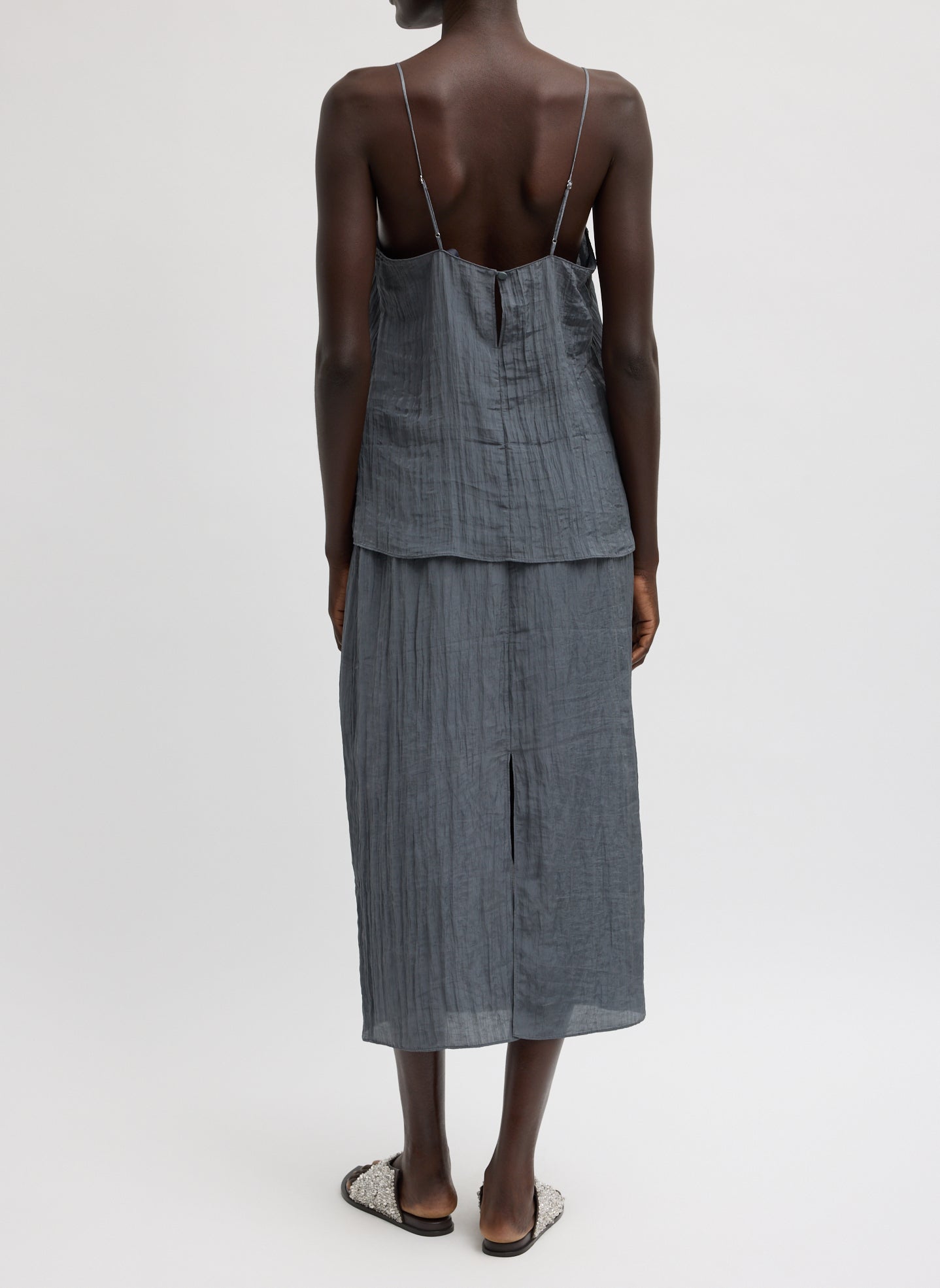 Dark Grey Crinkle Slip Skirt - silk midi skirt, back view on model