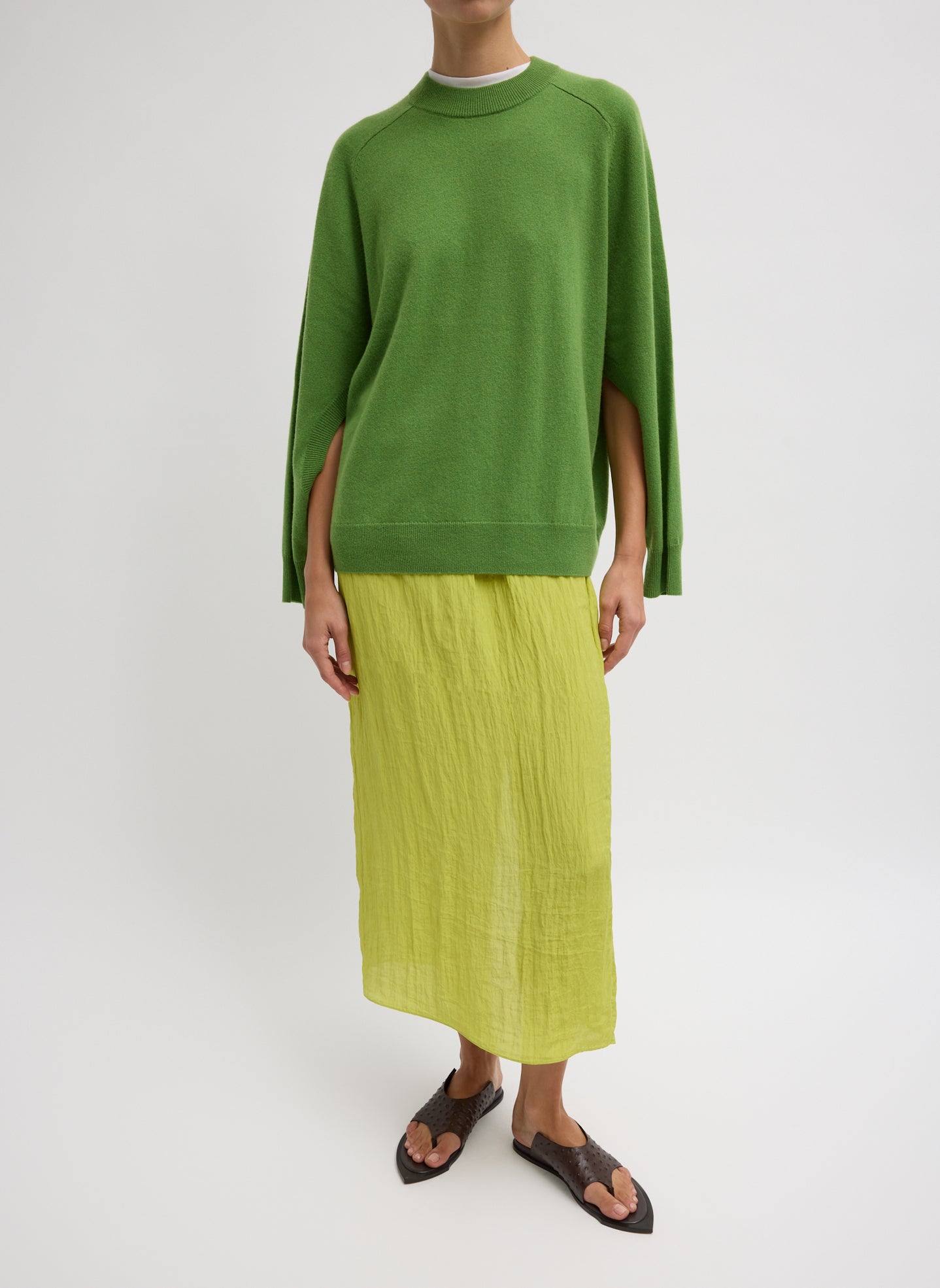 Chartreuse Green Crinkle Slip Skirt - full look, front view on model