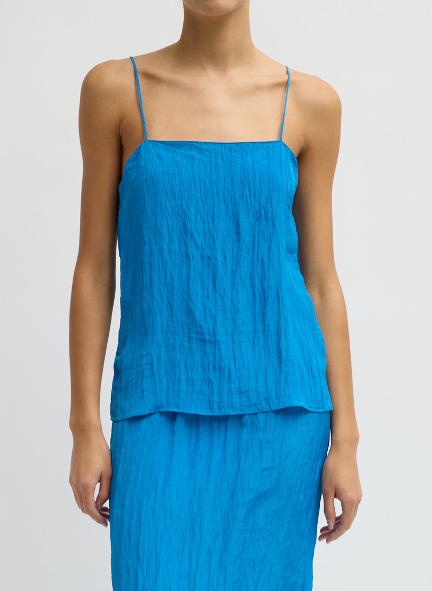 Bright Blue Crinkle Slip Cami - front view on model