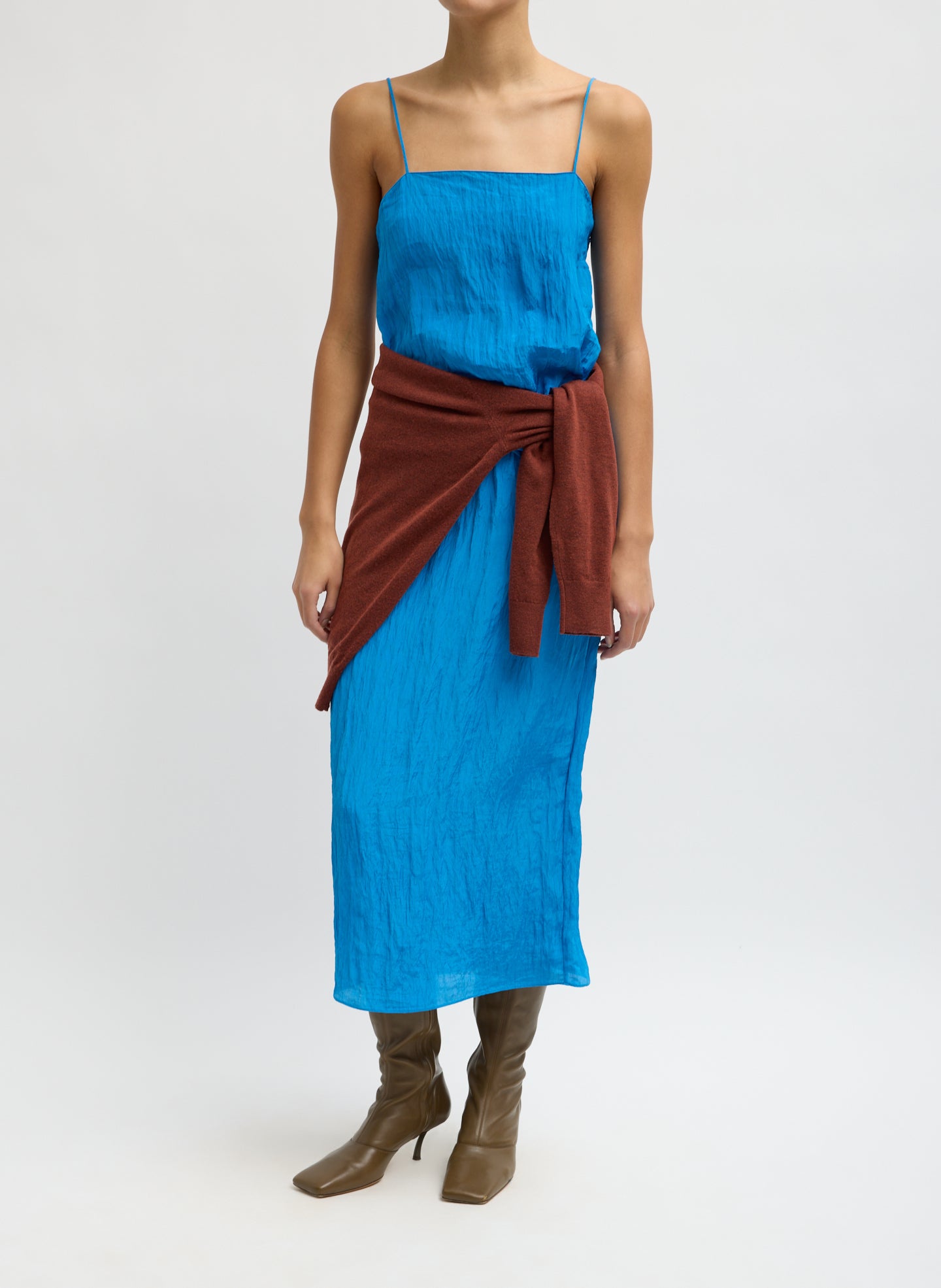 Bright Blue Crinkle Slip Cami - full look, front view on model