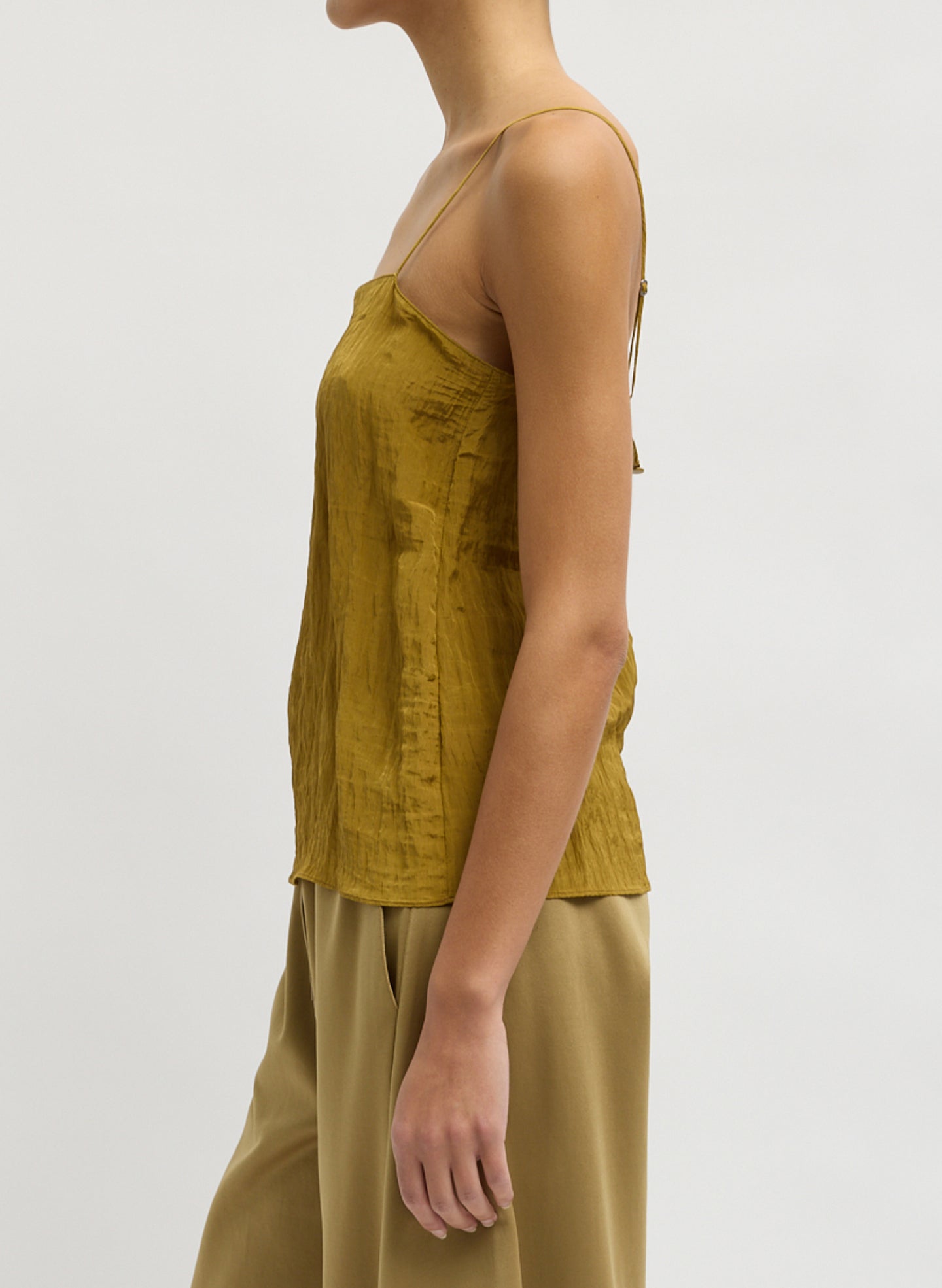 Mustard Yellow Crinkle Slip Cami - side view on model