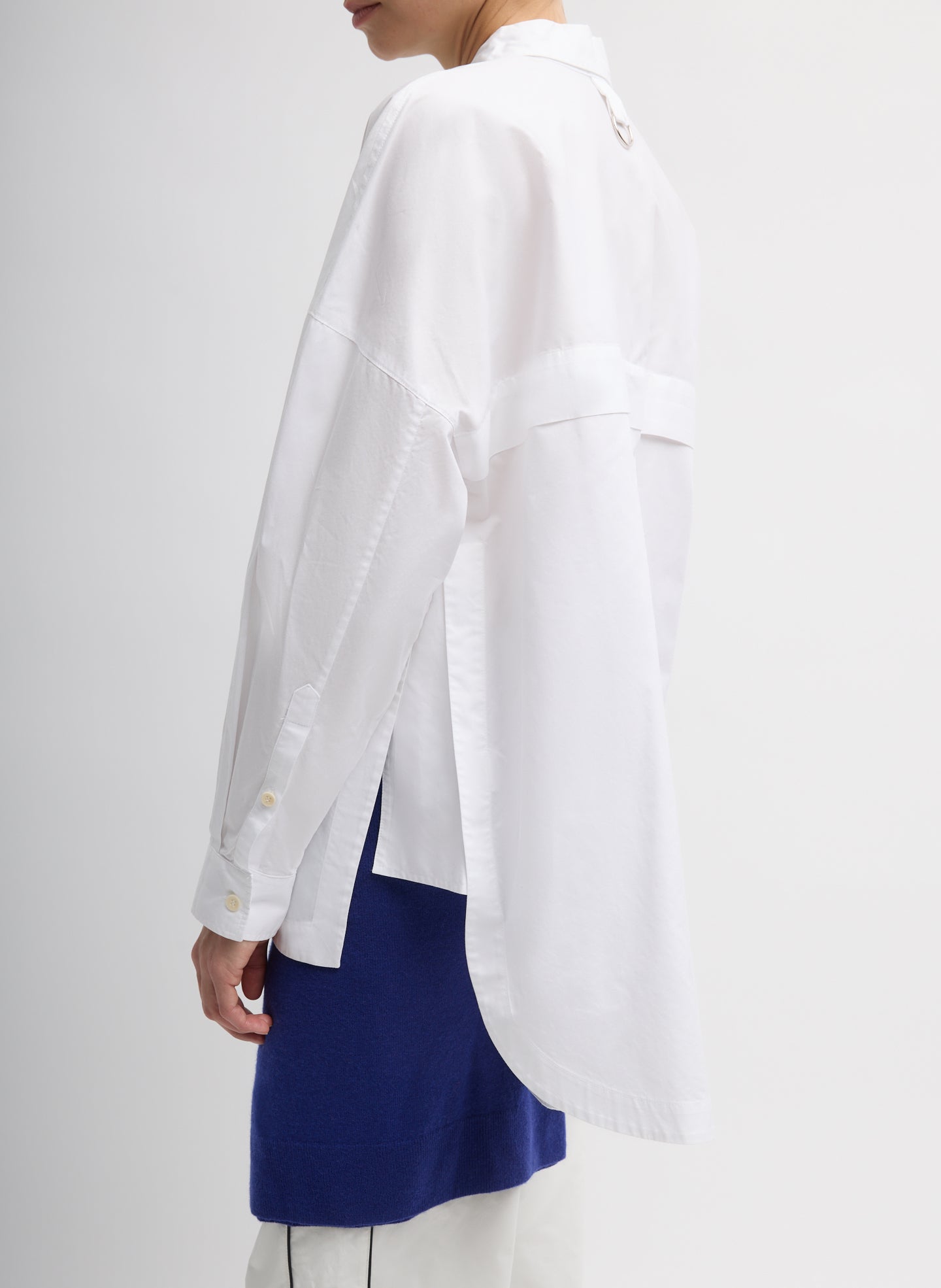 White Gabe Oversized Shirt - button down, side view on model