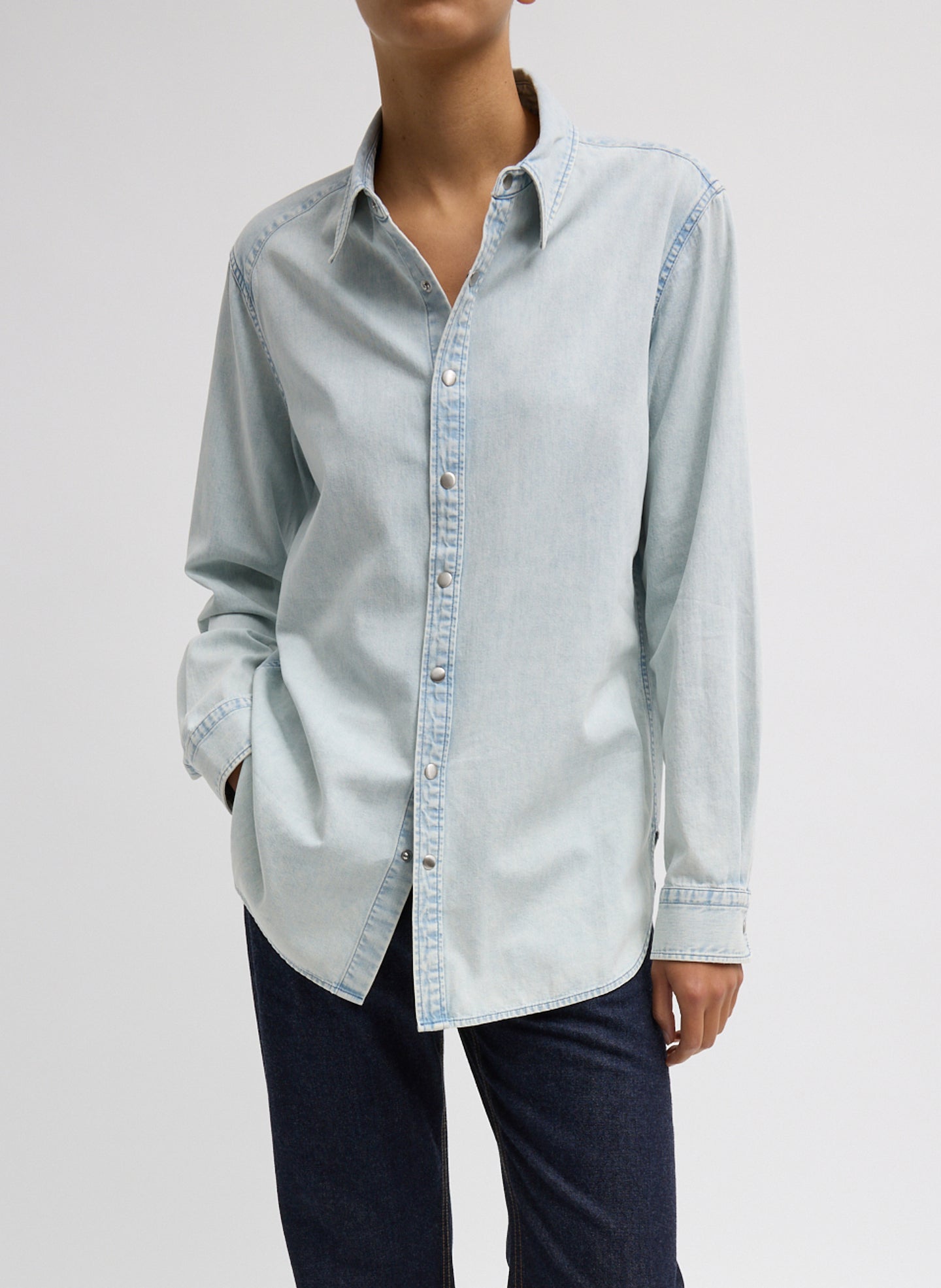 Charlie Men's Slim Denim Shirt - Bleached Denim Shirting Charlie Slim Men's Shirt - denim button down, front view on model