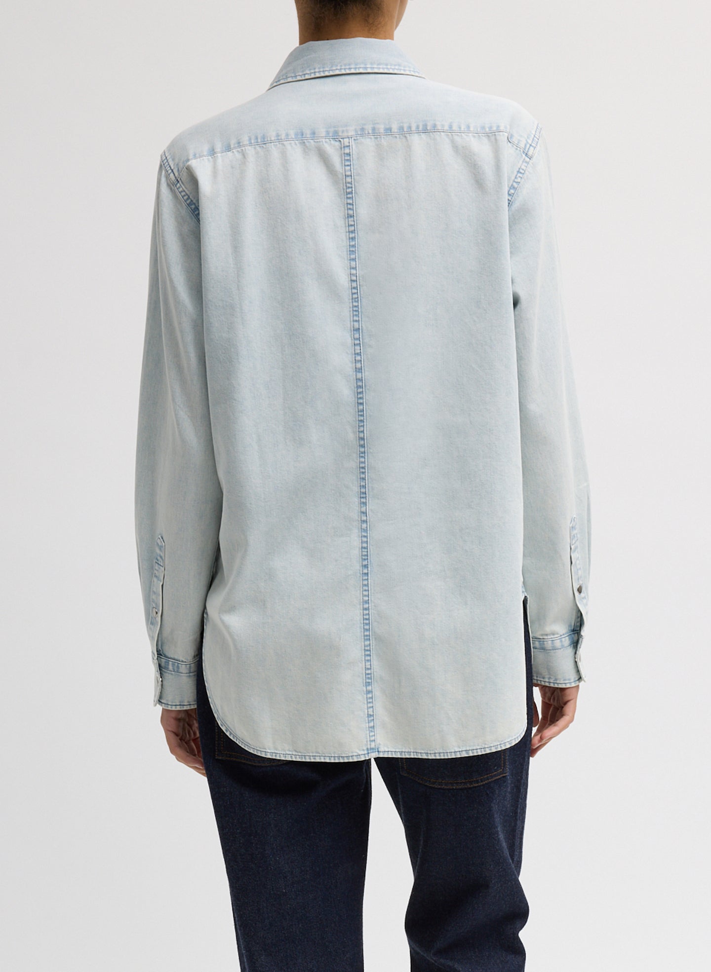 Bleached Denim Shirting Charlie Slim Men's Shirt - denim button down, back view on model