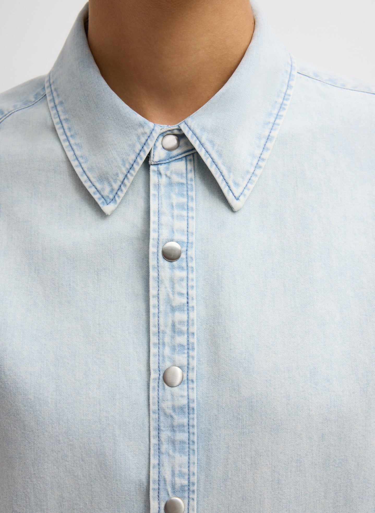 Bleached Denim Shirting Charlie Slim Men's Shirt - closeup of button details