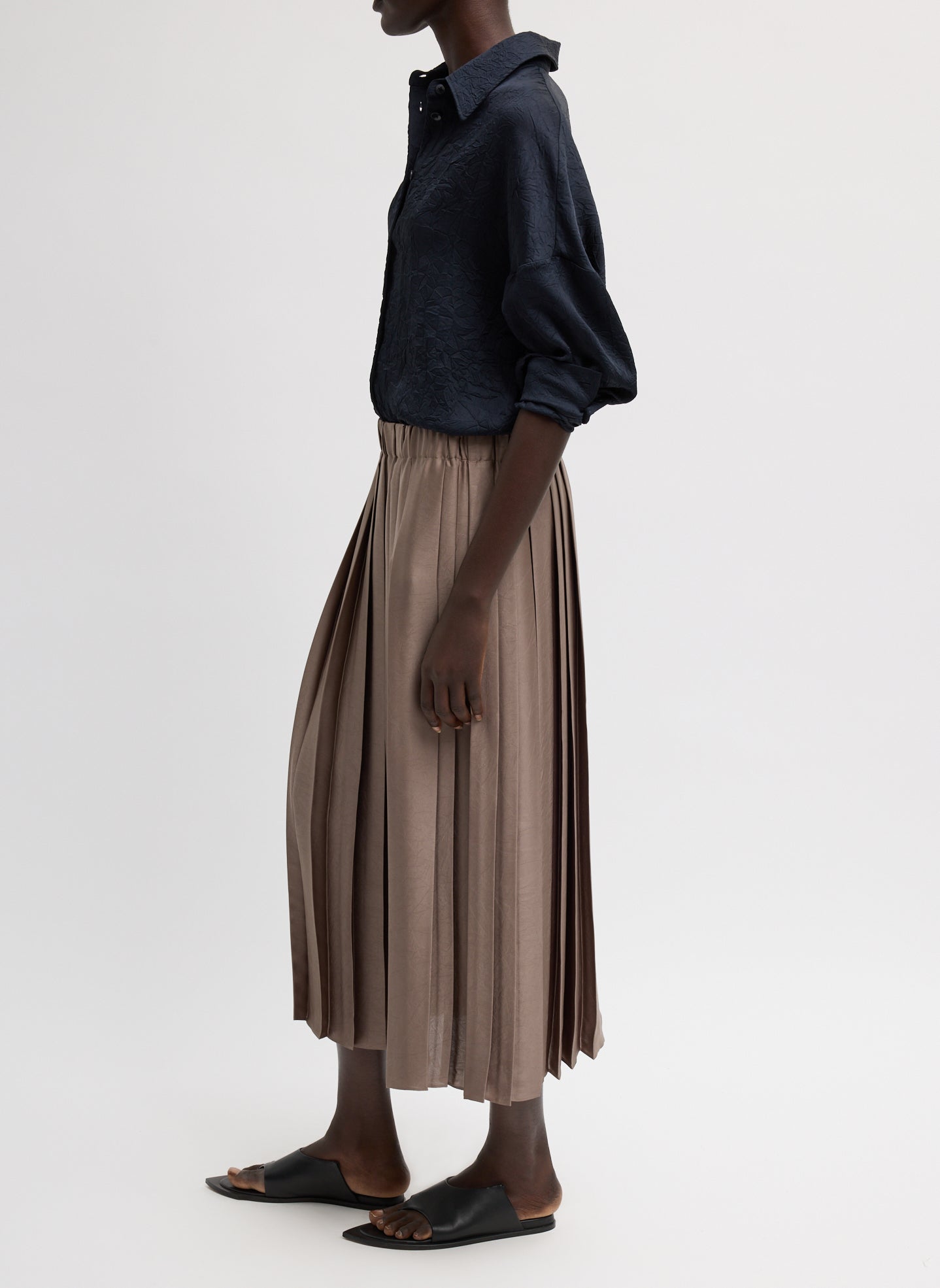 Dark Stone Feather Weight Pleated Pull On Skirt - pleated midi skirt, side view on model