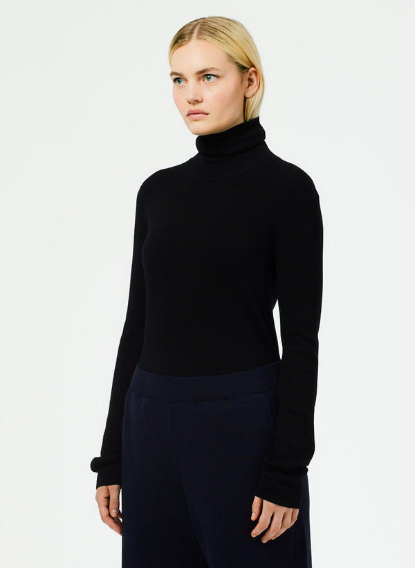 Featherweight Ribbed Sweater Turtleneck Pullover - Black-3