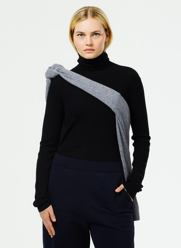 Featherweight Ribbed Sweater Turtleneck Pullover - Black-1