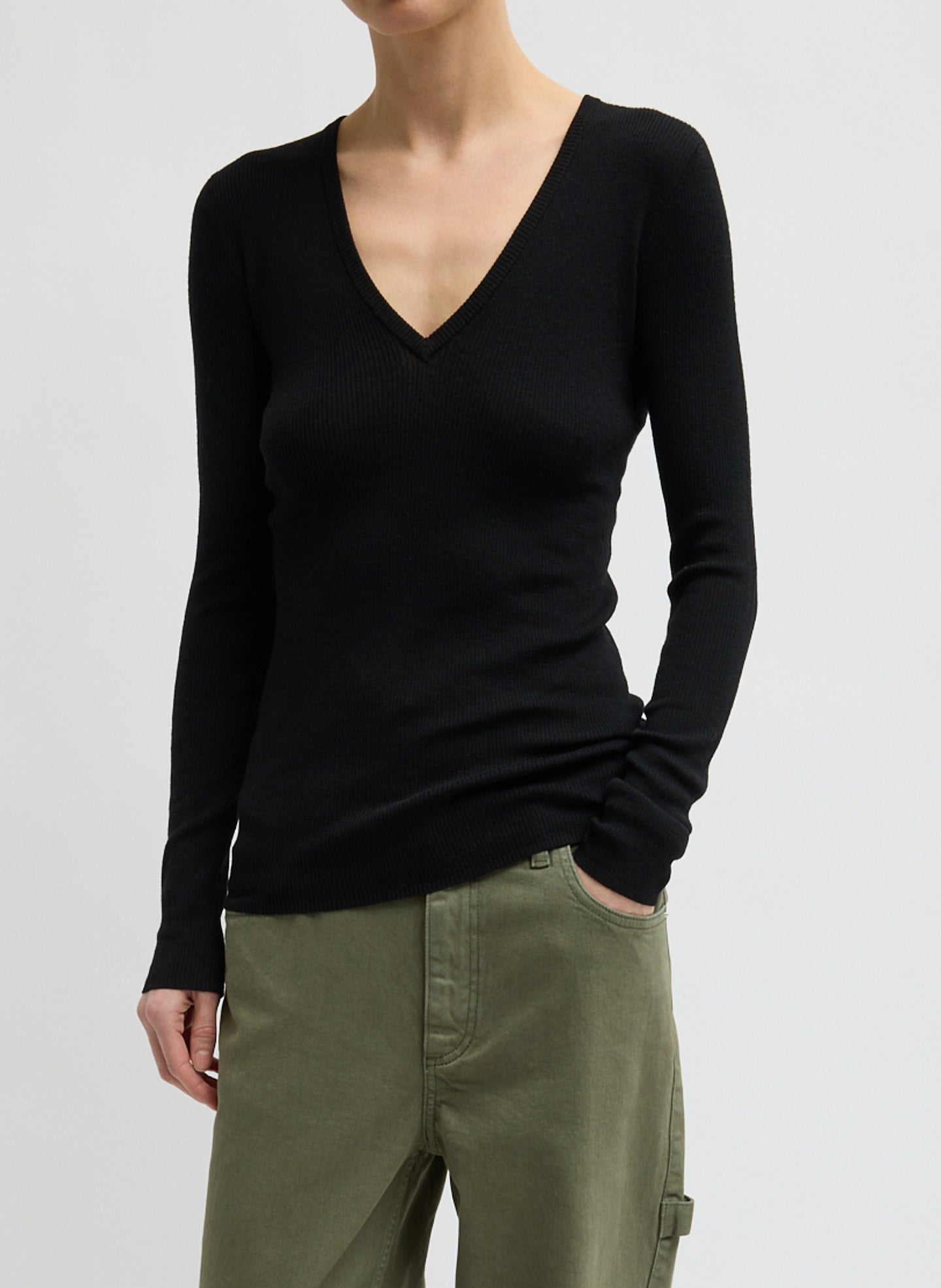 Feather Weight Ribbed Sweater V-Neck Pullover - Black Feather Weight Ribbed V-Neck - long sleeve knit top, front view on model